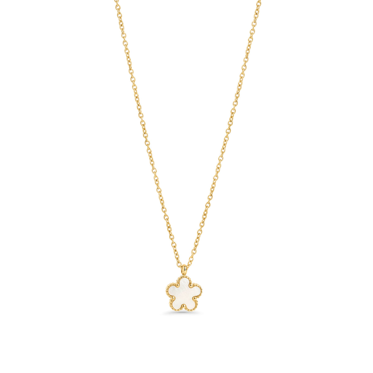 Gold flower pendant necklace with mother of pearl – hypoallergenic, waterproof & non-tarnish stainless steel necklace for sensitive skin, affordable luxury jewelry by Mia Bijoux Canada