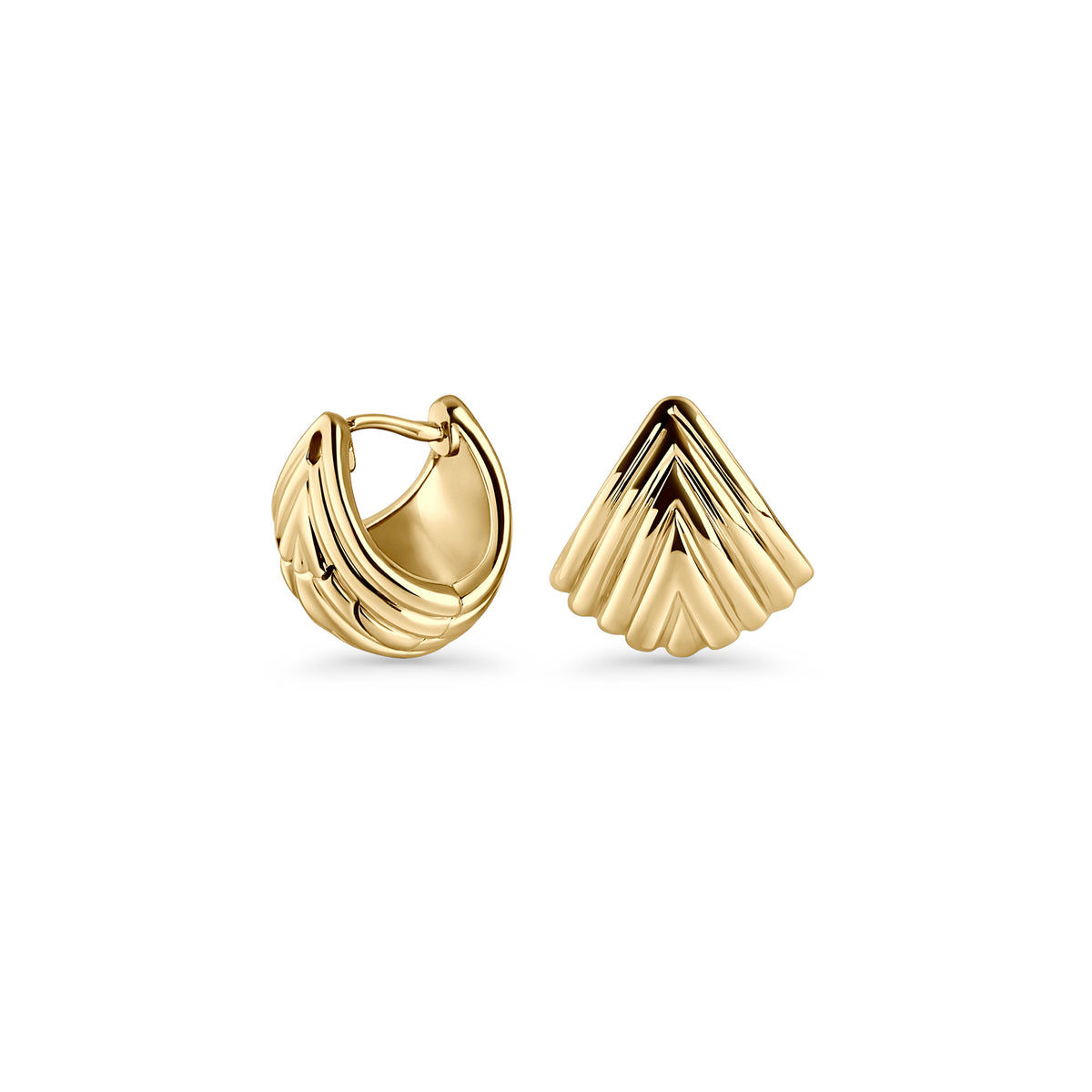 Gold stainless steel sculptural fan-shaped hoop earrings with layered geometric design, bold modern jewelry, hypoallergenic non-tarnish durable earrings, elegant contemporary statement jewelry.