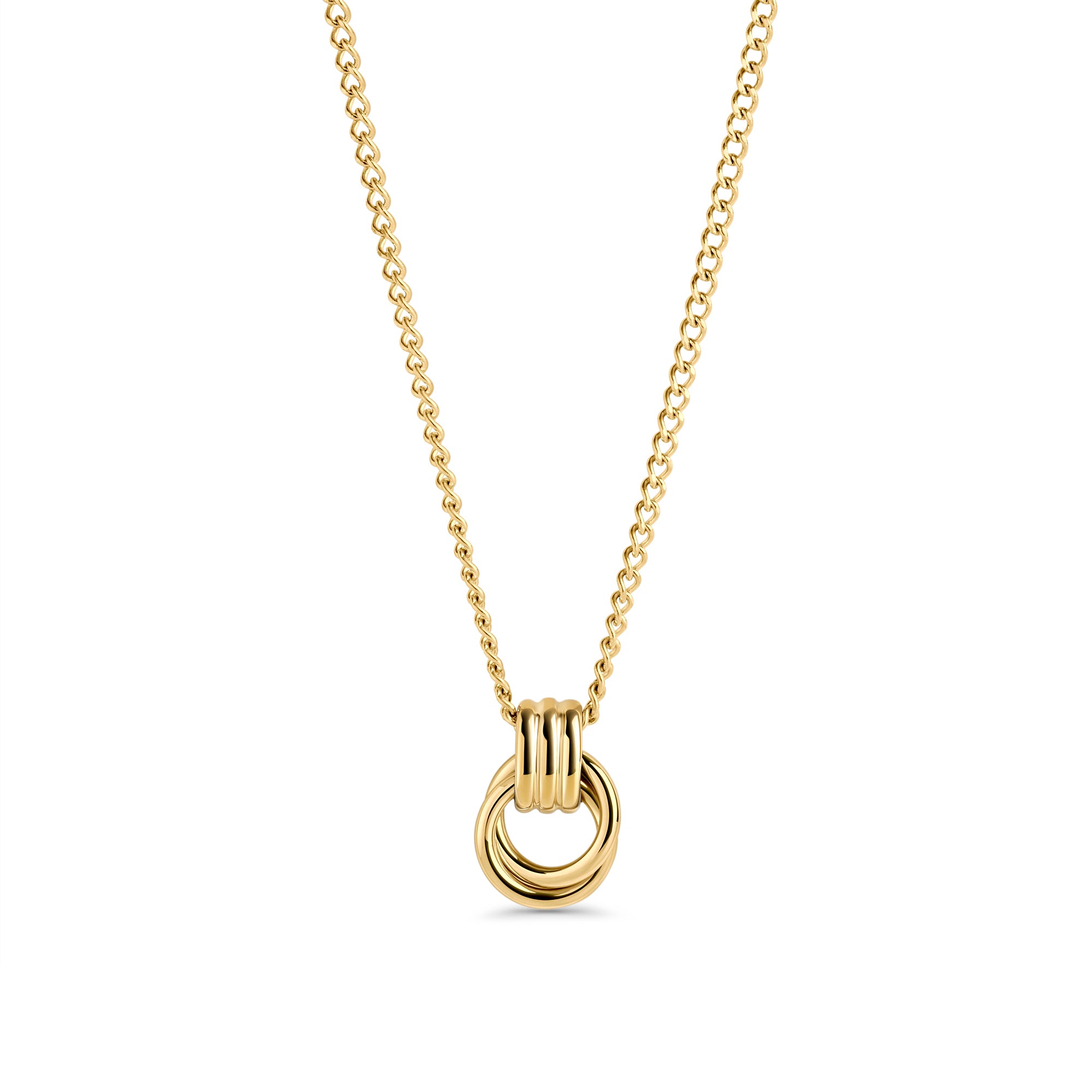 A gold chain necklace with a grooved circle pendant, shown on a clean white background. Waterproof, stainless steel and allergy free. By MIAJWL.
Collier à chaîne dorée avec pendentif cercle rainuré, présenté sur fond blanc épuré. Résistant à l'eau, en acier inoxydable et hypoallergénique. Par MIAJWL.