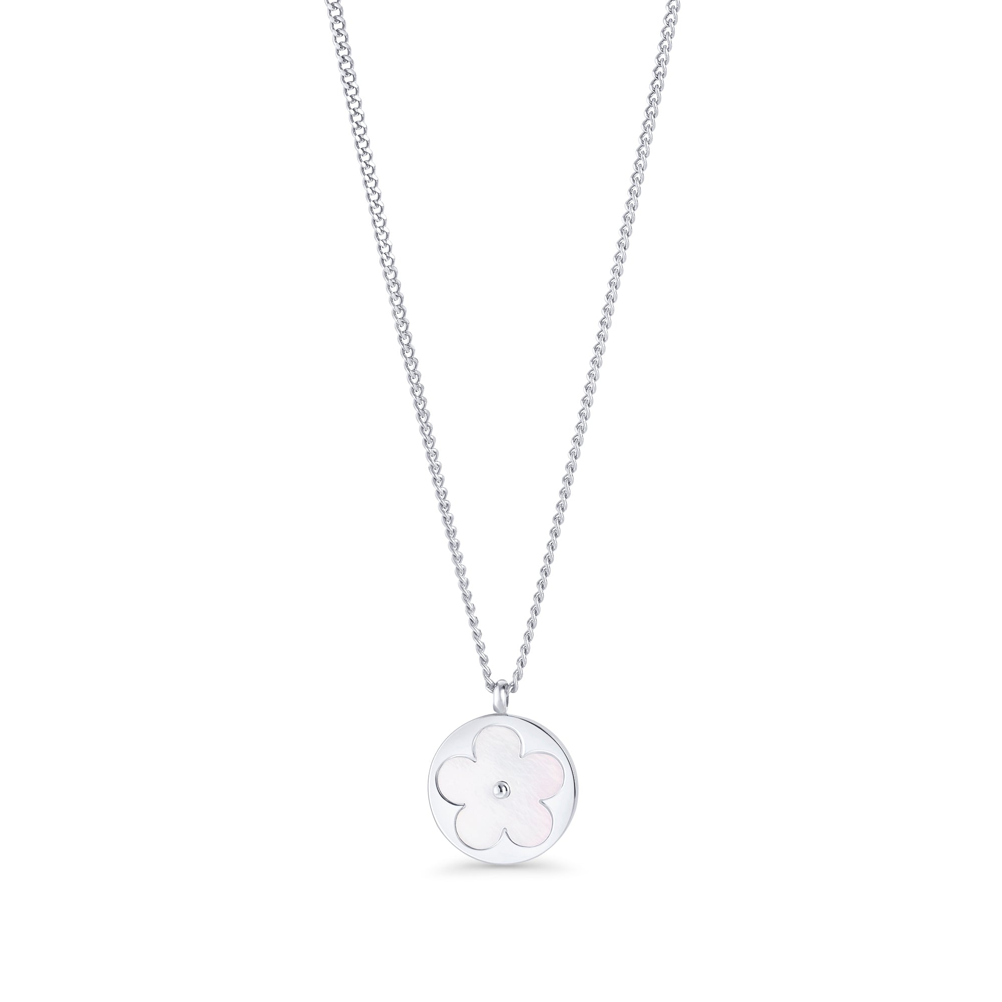 Silver chain necklace with a round mother-of-pearl flower pendant on a white background. Waterproof, stainless steel and allergy free. By Mia Bijoux Canada.
Collier à chaîne argentée avec pendentif rond à fleur blanche nacrée sur fond blanc. Résistant à l'eau, en acier inoxydable et hypoallergénique. Par Mia Bijoux Canada.