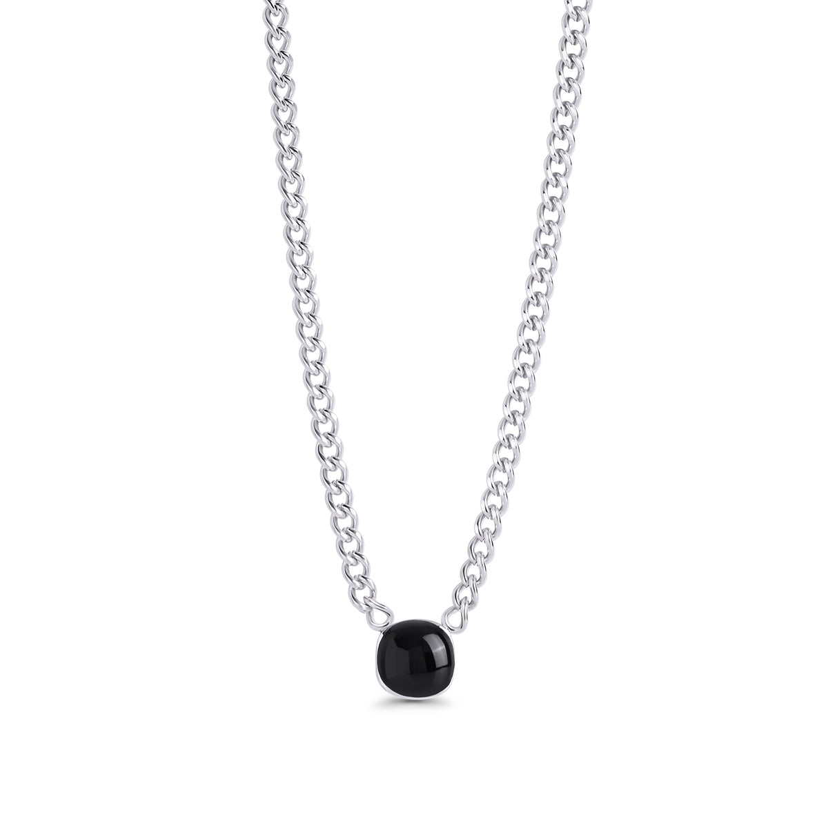 Silver stainless steel chain necklace with black onyx square pendant, bold minimalist statement jewelry, hypoallergenic non-tarnish durable design.