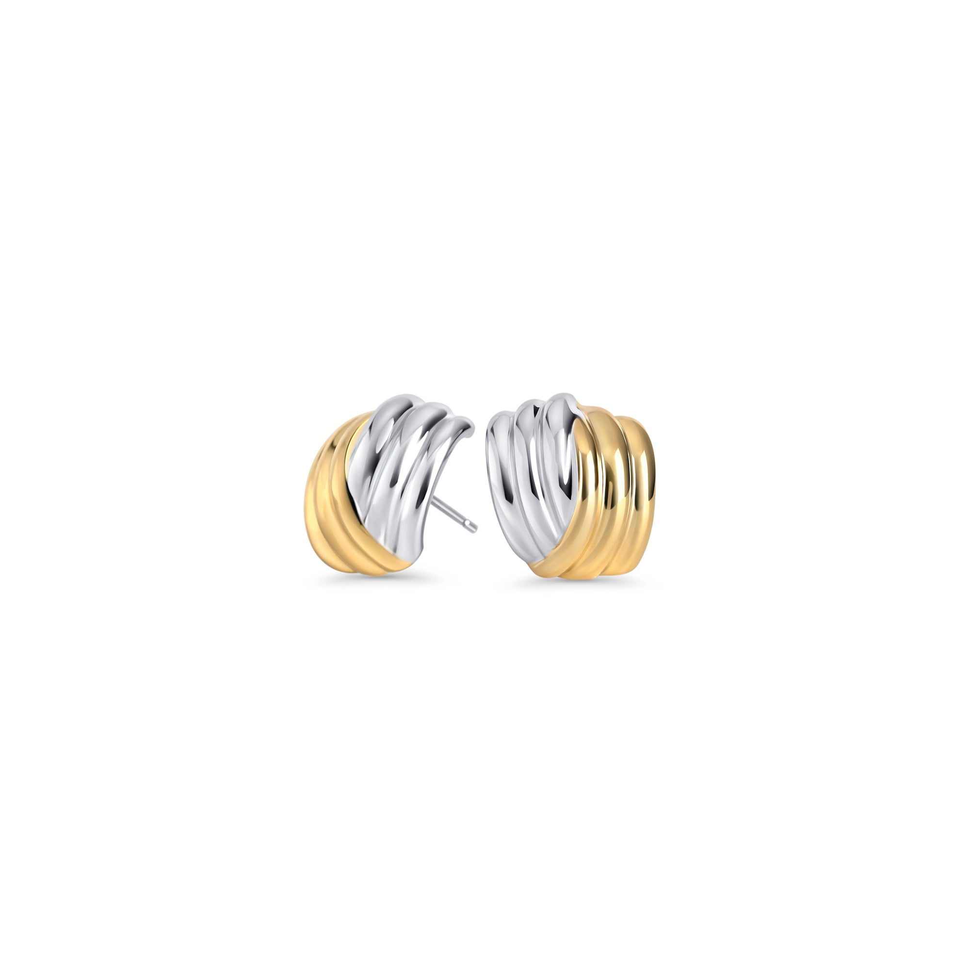 Two-tone stud earrings with a curved ribbed design on a white background. Nickel-free and waterproof jewelry by Mia Bijoux Canada.
Boucles d'oreilles deux tons au design courbé à rainures sur fond blanc. Bijoux sans nickel et résistants à l'eau par Mia Bijoux Canada.