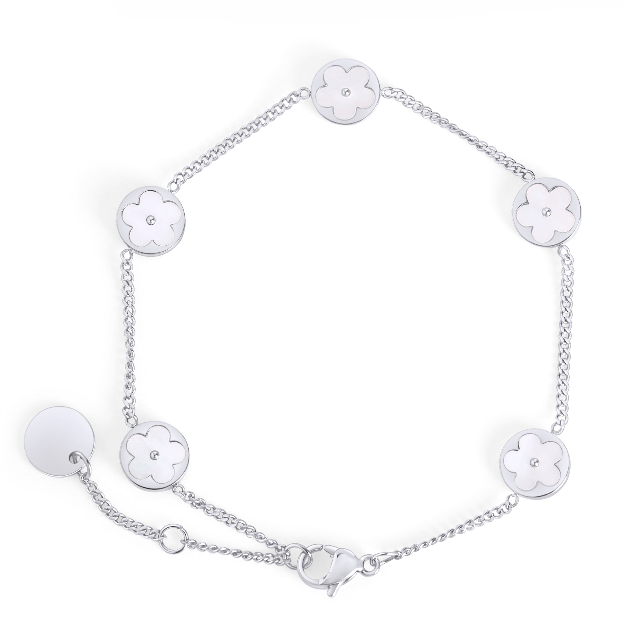 Silver chain bracelet with five round mother-of-pearl flower charms on a white background. Waterproof, stainless steel and allergy free. By Mia Bijoux Canada.
Bracelet à maillons argenté orné de cinq pastilles rondes à fleur en nacre sur fond blanc. Résistant à l'eau, en acier inoxydable et hypoallergénique. Par Mia Bijoux Canada.