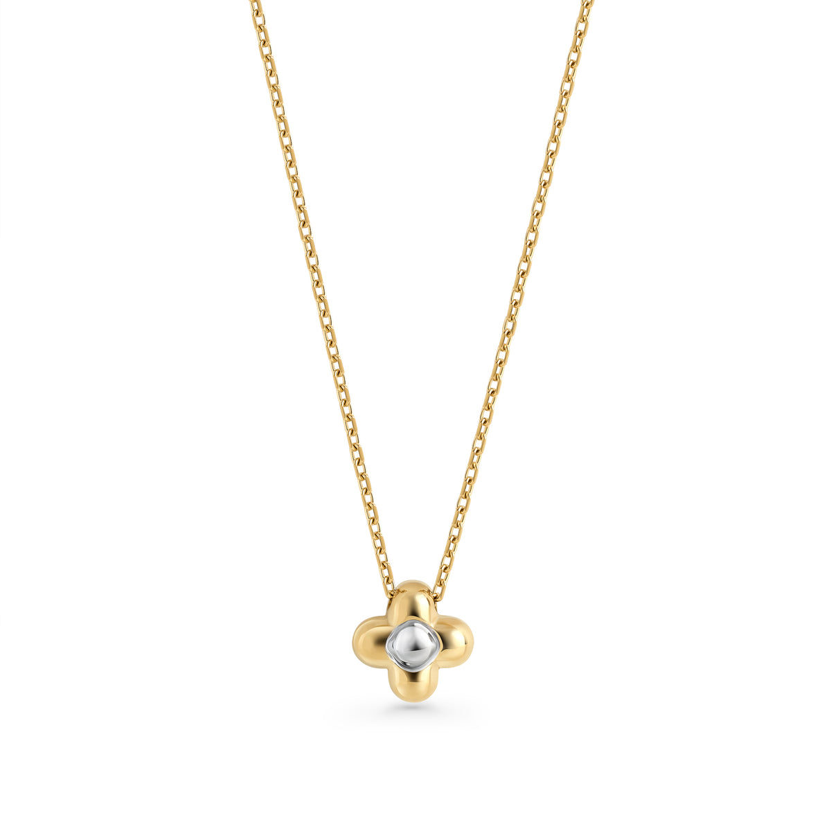 Gold stainless steel clover pendant necklace with silver center, delicate chain necklace for daily wear, long-lasting shine, hypoallergenic jewelry available in Canada.