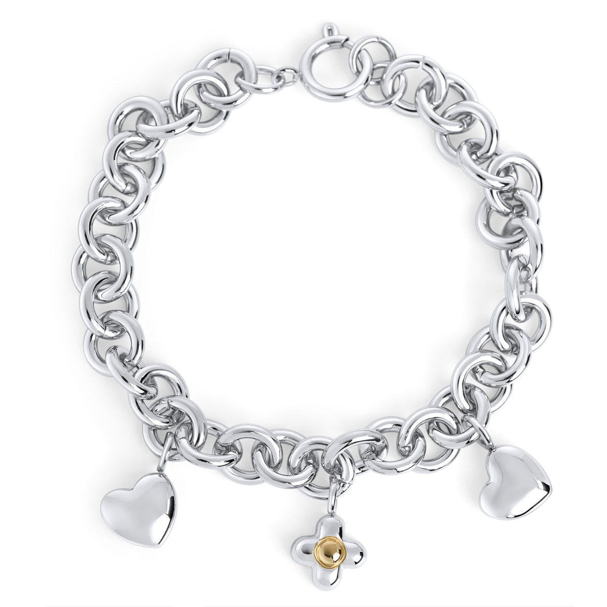 Chunky silver chain bracelet with heart and flower charms in stainless steel, bold modern jewelry with high-polish finish, durable, tarnish resistant and designed for everyday wear in Canada.
