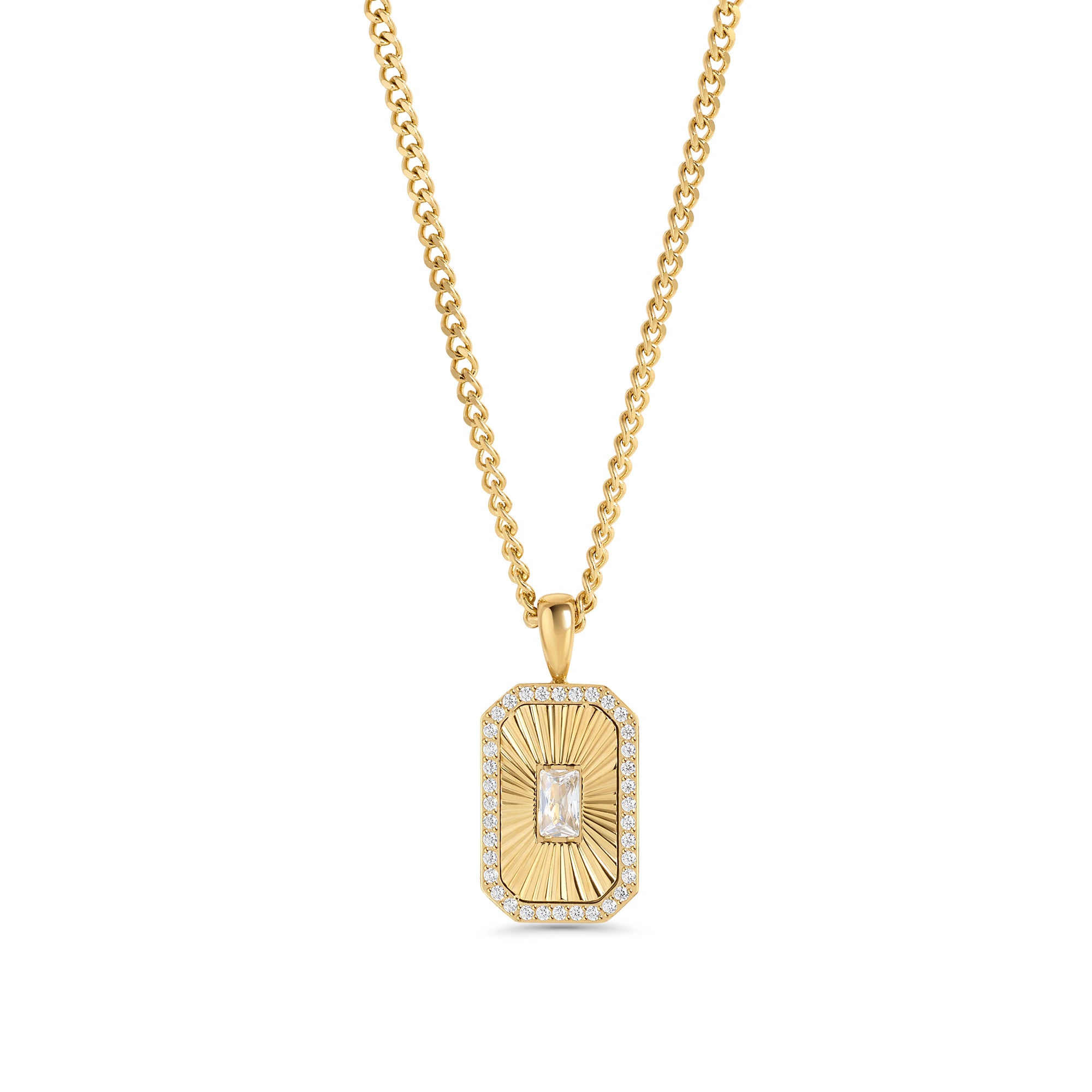 A gold chain necklace with a rectangular octagonal pendant featuring a fluted sunburst center, a baguette-cut clear stone and a pavé stone halo. Waterproof, stainless steel and allergy free. By MIAJWL.
Collier à chaîne dorée avec pendentif rectangulaire octogonal à motif rayonnant strié, serti d'une pierre transparente taille baguette et d'un halo de pierres pavées. Résistant à l'eau, en acier inoxydable et hypoallergénique. Par MIAJWL.