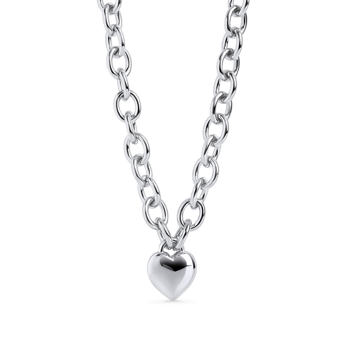 Silver stainless steel chunky chain necklace with heart pendant, bold modern jewelry, hypoallergenic non-tarnish durable statement necklace, trendy elegant heart jewelry.
