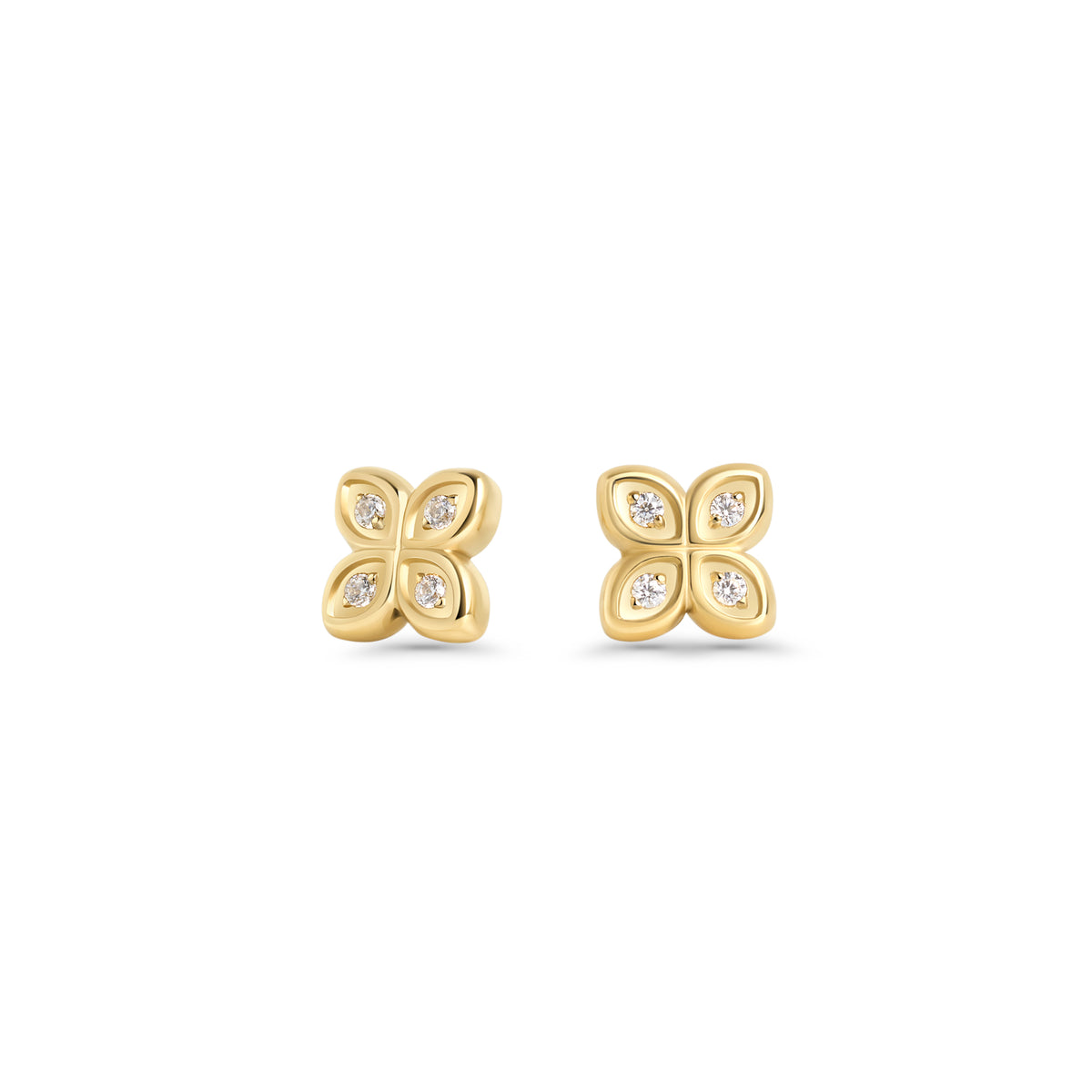 Gold stainless steel flower stud earrings with cubic zirconia, delicate everyday earrings, hypoallergenic jewelry for sensitive ears, tarnish resistant and designed for long-lasting shine in Canada.