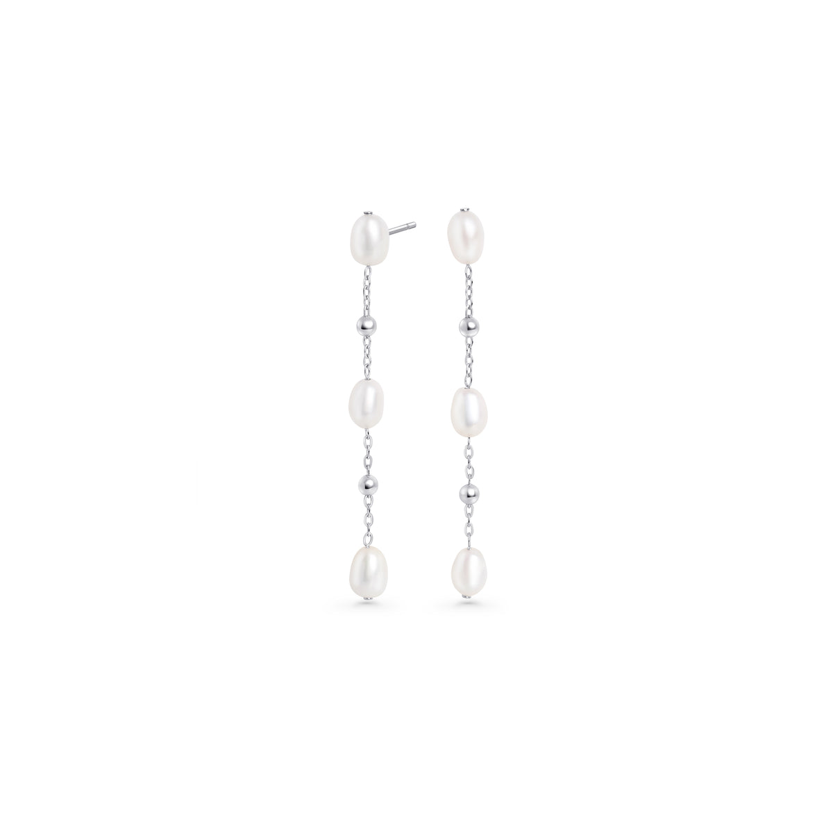 Hypoallergenic stainless steel pearl drop earrings for sensitive ears, tarnish-free silver jewelry in Canada, elegant long chain pearl earrings for women.