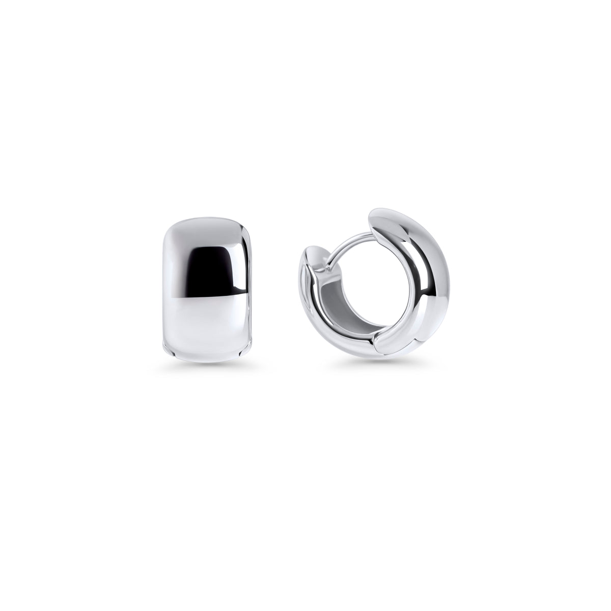 Silver stainless steel chunky huggie hoop earrings with smooth rounded design, hypoallergenic earrings for sensitive ears, non-tarnish durable minimalist everyday jewelry Canada.