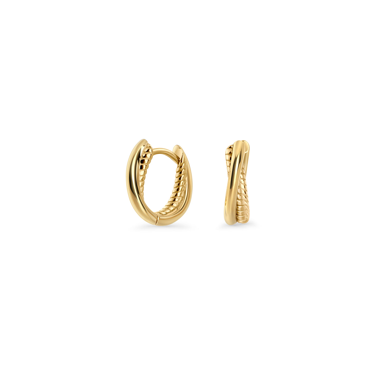 Gold stainless steel twisted hoop earrings with sculptural design, modern minimalist jewelry, hypoallergenic non-tarnish durable earrings, elegant everyday fashion jewelry.