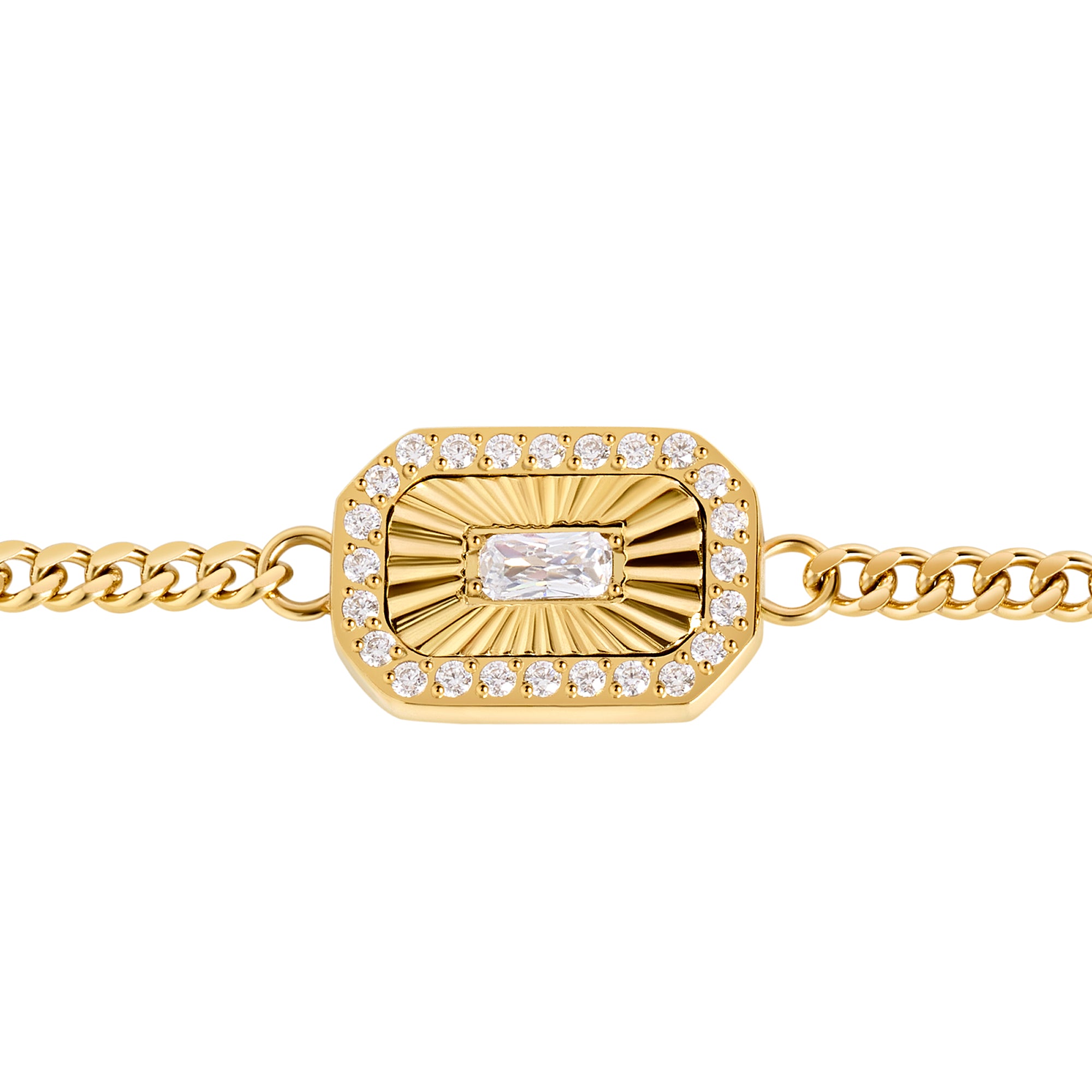 A gold-toned chain bracelet featuring a rectangular sunburst charm with a central clear baguette gemstone, surrounded by a border of small round clear stones, shown on a plain white background. Jewelry by Mia Bijoux Canada.
Un bracelet à maillons doré orné d'un pendentif rectangulaire à motif rayonnant, serti d'une pierre transparente taille baguette au centre, entourée d'une bordure de petites pierres rondes transparentes, présenté sur fond blanc uni. Bijoux par Mia Bijoux Canada.