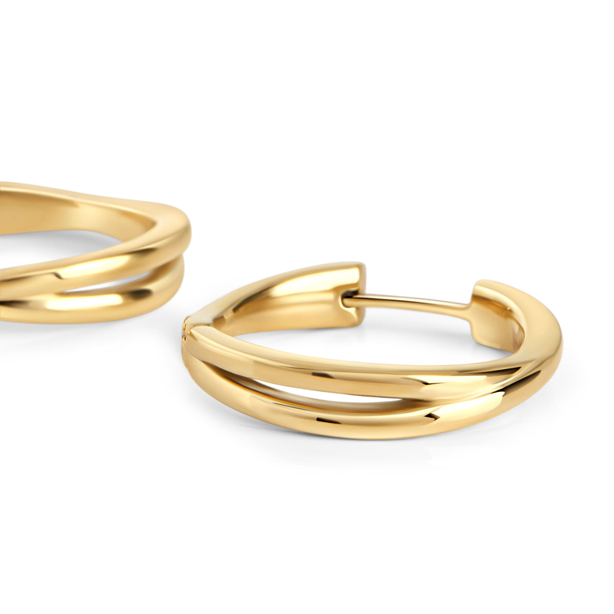 Gold stainless steel double hoop huggie earrings, minimalist hypoallergenic earrings for sensitive ears, non-tarnish waterproof durable everyday jewelry, modern affordable luxury jewelry Canada.