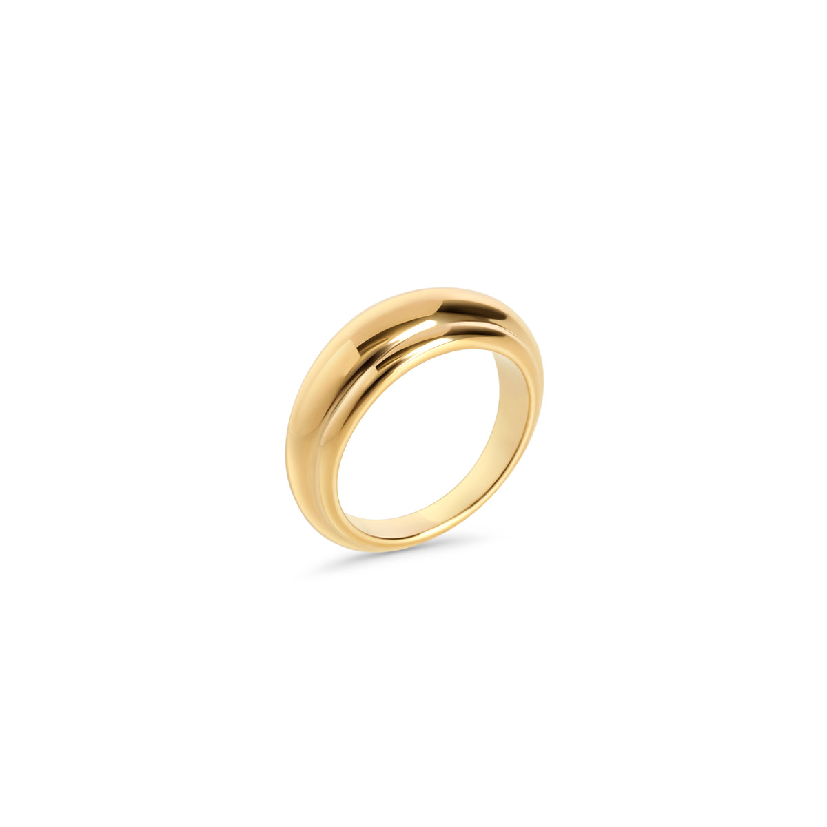 Polished gold dome ring with a smooth grooved band on a white background. Nickel-free, waterproof & tarnish. Resistant stainless steel ring for sensitive skin, minimalist luxury jewelry by Mia Bijoux Canada.
Bague dôme dorée polie à anneau lisse rainuré sur fond blanc. Bague en acier inoxydable sans nickel, résistante à l'eau et anti-ternissement pour peaux sensibles, bijouterie de luxe minimaliste par Mia Bijoux Canada.