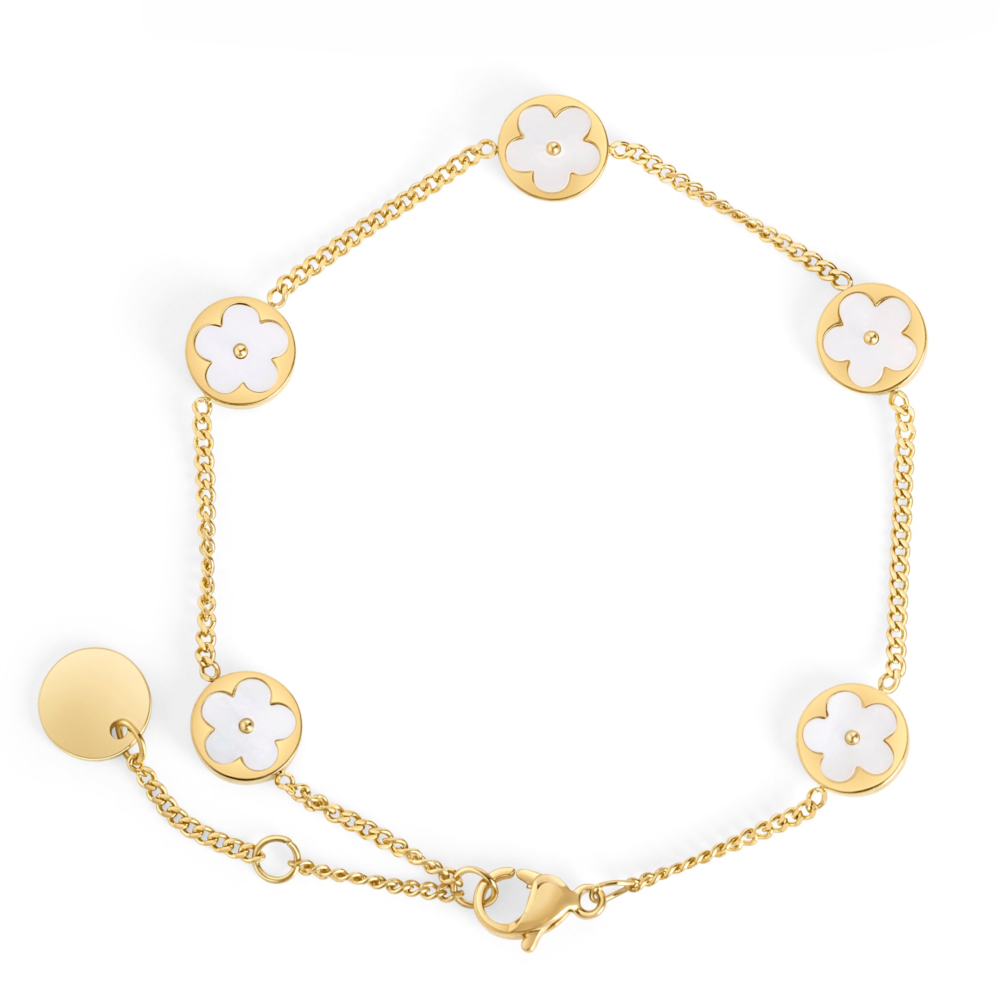 Gold chain bracelet with five round mother-of-pearl flower charms on a white background. Waterproof, stainless steel and allergy free. By Mia Bijoux Canada.
Bracelet à maillons doré orné de cinq pastilles rondes à fleur en nacre sur fond blanc. Résistant à l'eau, en acier inoxydable et hypoallergénique. Par Mia Bijoux Canada.