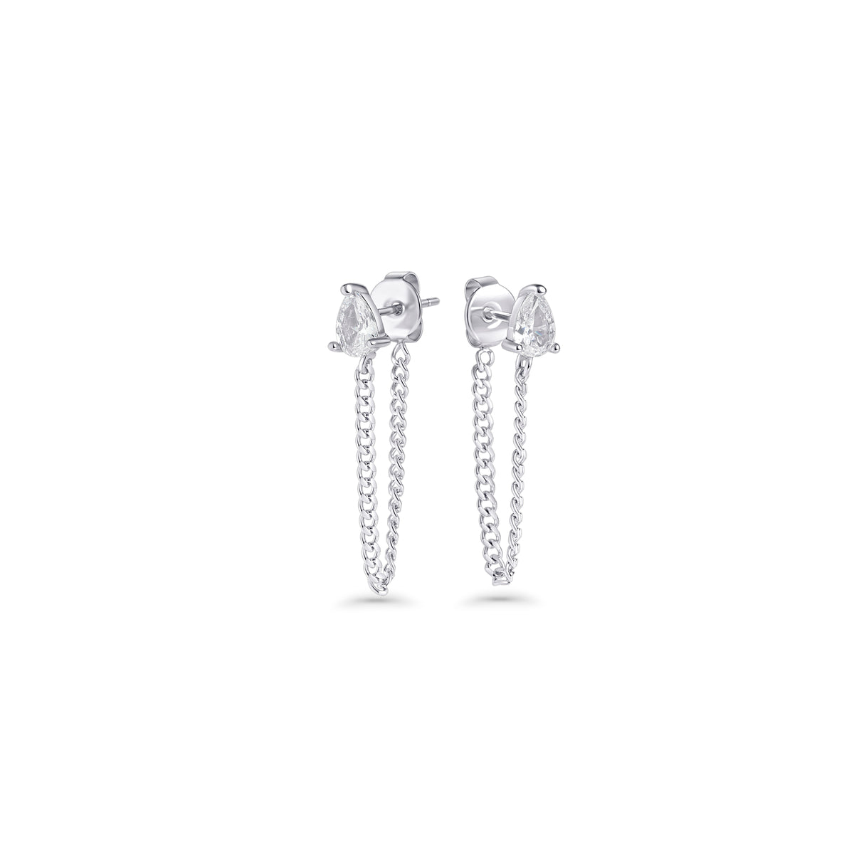 Silver stud earrings set with a pear-cut clear stone and a hanging chain on a white background. Nickel-free and waterproof jewelry by Mia Bijoux Canada.
Boucles d'oreilles argentées serties d'une pierre transparente taille poire avec chaînette suspendue sur fond blanc. Bijoux sans nickel et résistants à l'eau par Mia Bijoux Canada.