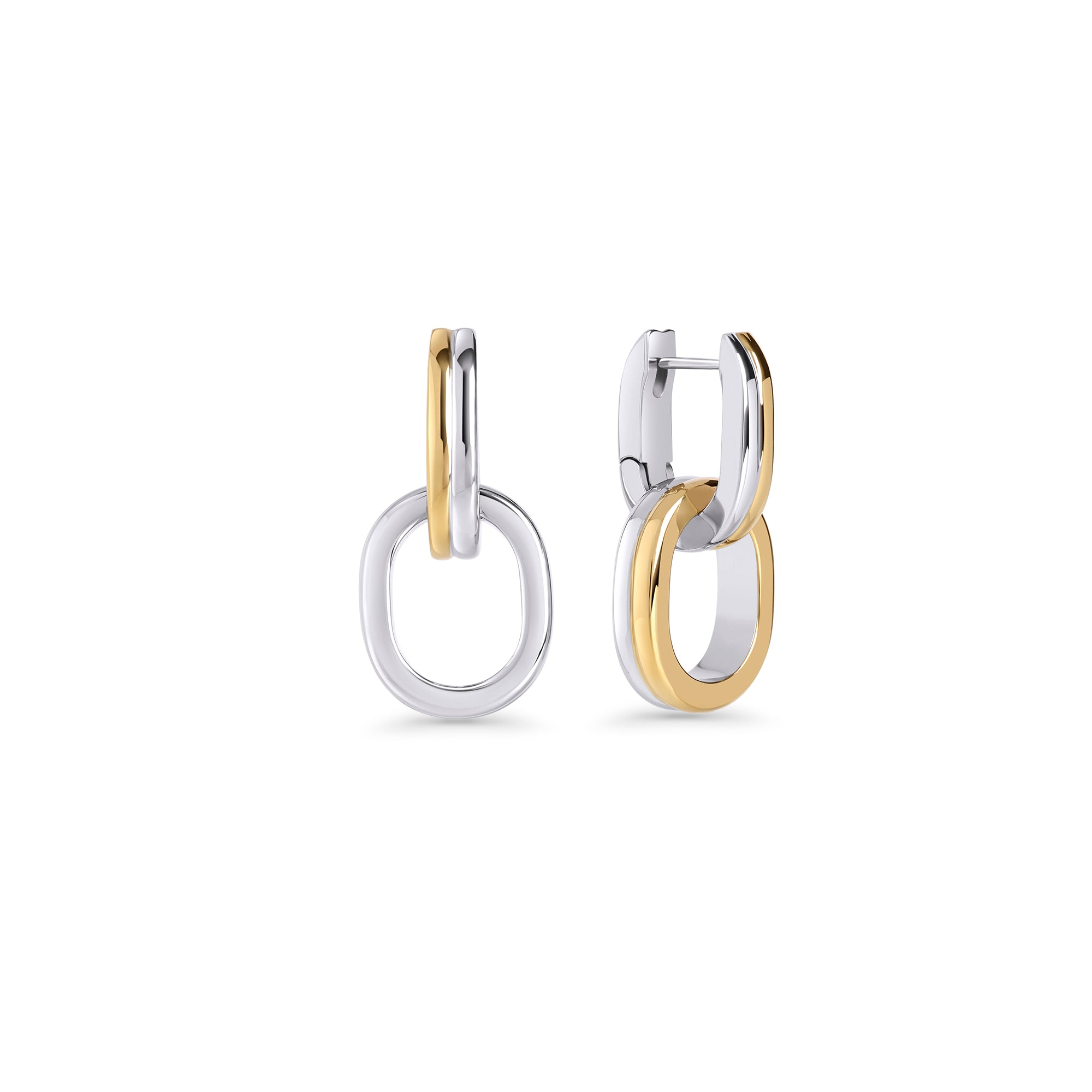 Two-tone drop earrings with two interlocking oval links on a white background. Nickel-free and waterproof jewelry by Mia Bijoux Canada.
Boucles d'oreilles pendantes deux tons à deux maillons ovales entrelacés sur fond blanc. Bijoux sans nickel et résistants à l'eau par Mia Bijoux Canada.