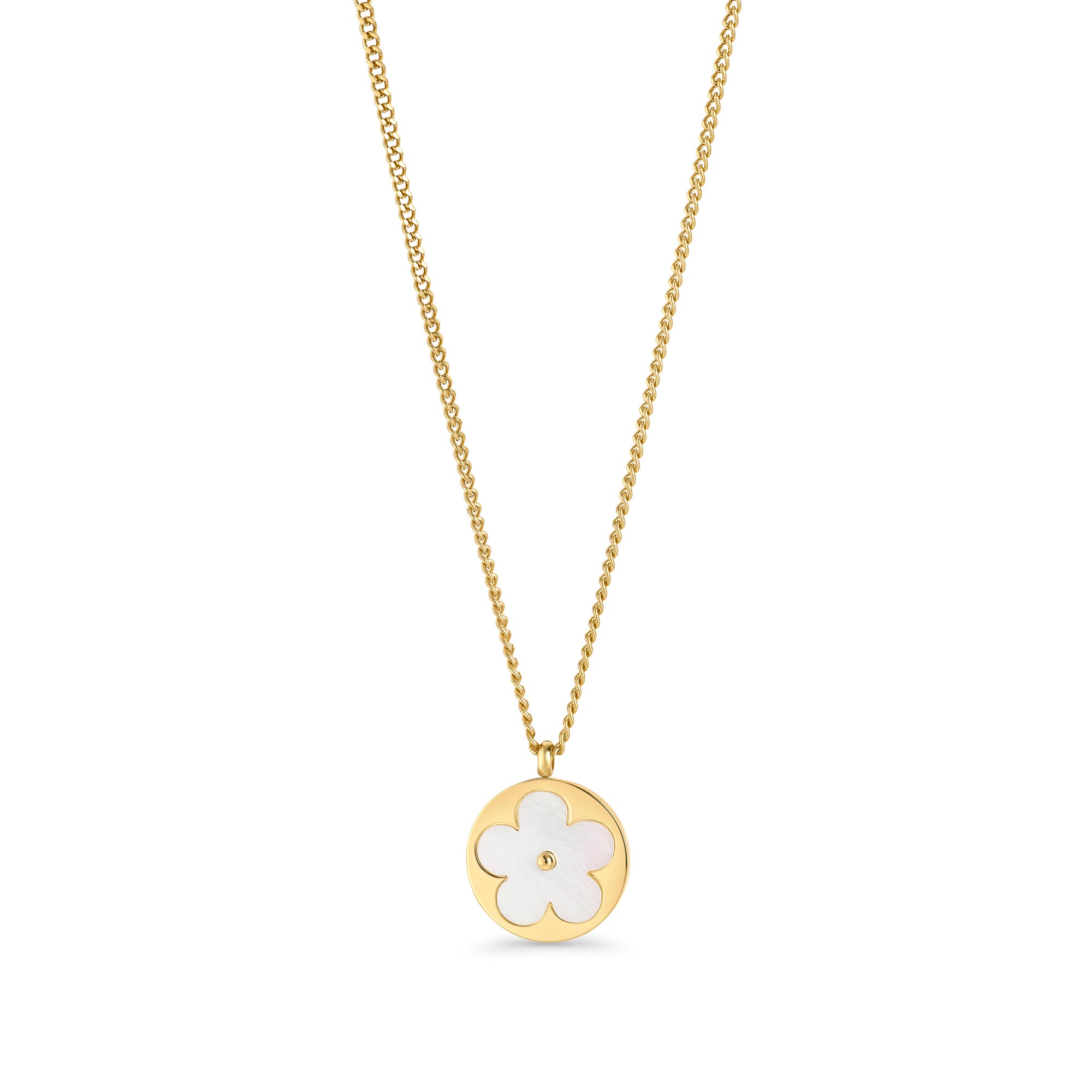 Gold chain necklace with a round mother-of-pearl flower pendant on a white background. Waterproof, stainless steel and allergy free. By Mia Bijoux Canada.

Collier à chaîne dorée avec pendentif rond à fleur blanche nacrée sur fond blanc. Résistant à l'eau, en acier inoxydable et hypoallergénique. Par Mia Bijoux Canada.