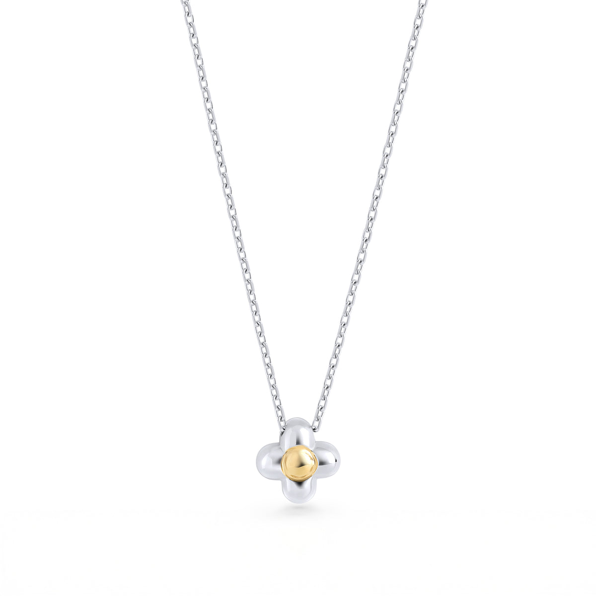 Silver stainless steel flower pendant necklace with gold center, minimalist everyday jewelry, durable tarnish resistant chain, modern women’s necklace in Canada.