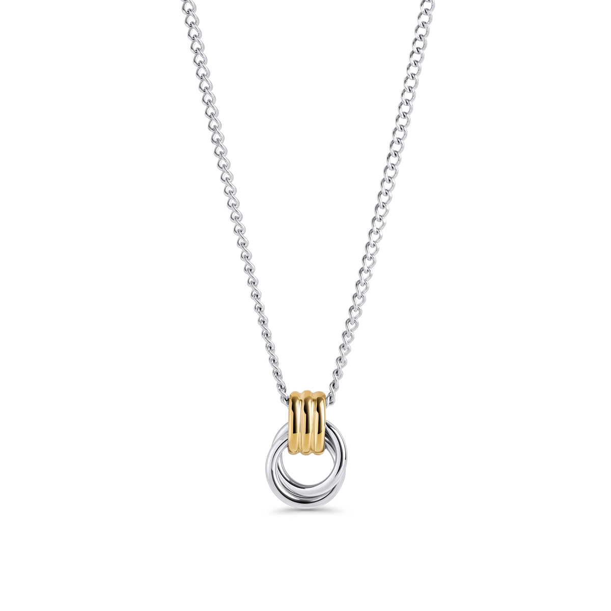 A two-tone chain necklace with a grooved circle pendant, shown on a clean white background. Waterproof, stainless steel and allergy free. By MIAJWL.

Collier à chaîne deux tons avec pendentif cercle rainuré, présenté sur fond blanc épuré. Résistant à l'eau, en acier inoxydable et hypoallergénique. Par MIAJWL.