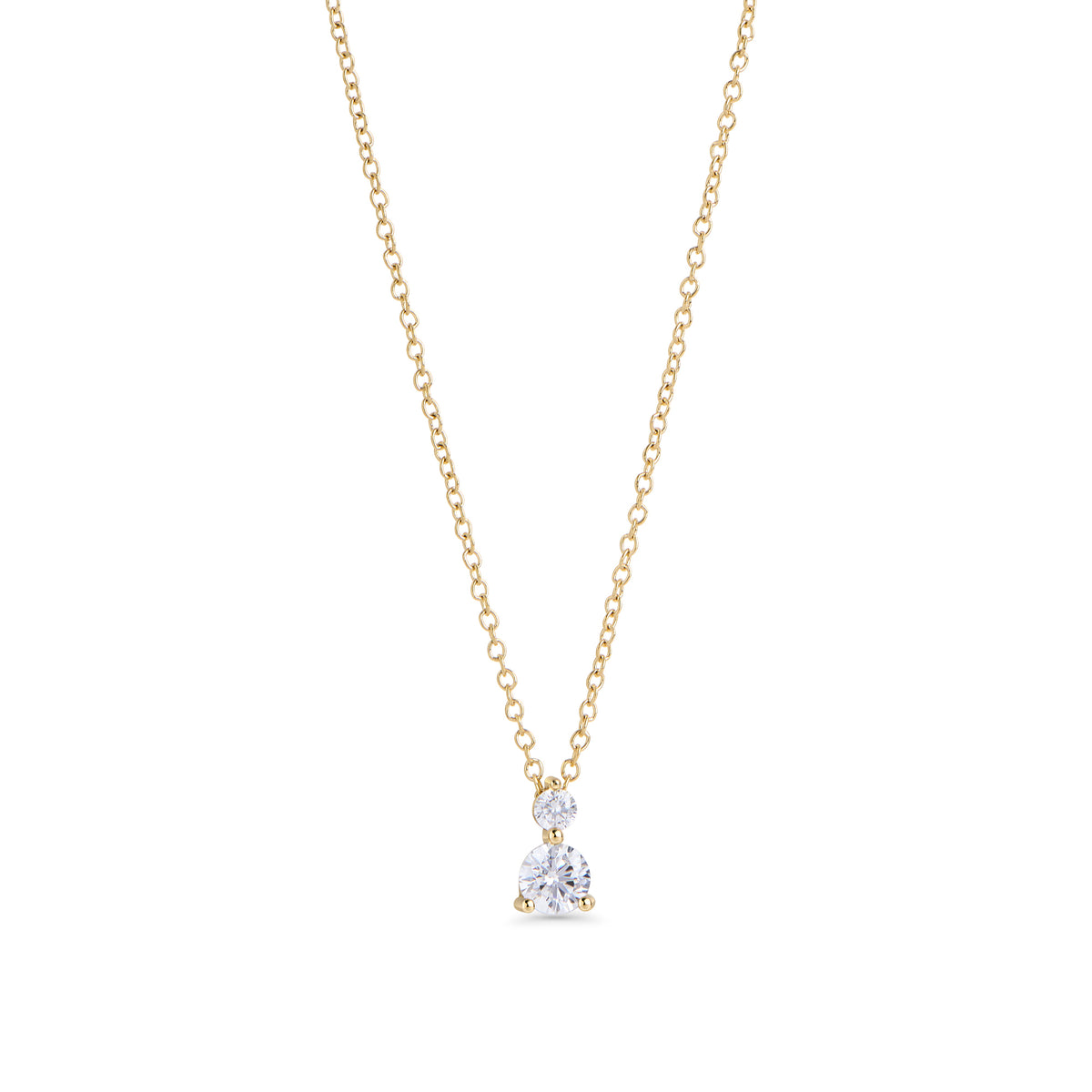 Gold stainless steel pendant necklace with two round cubic zirconia stones, delicate chain with brilliant drop design and timeless minimalist jewelry style.