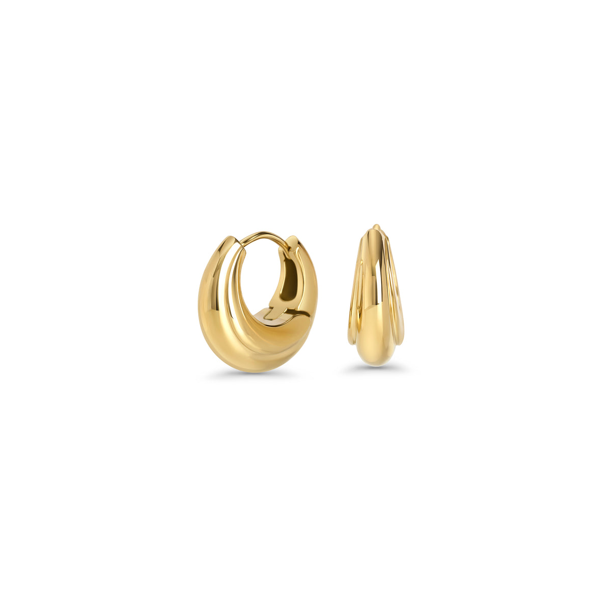 Polished gold chunky hoop earrings with a smooth domed design on a white background. Nickel-free, waterproof & tarnish-resistant stainless steel earrings for sensitive skin, minimalist luxury jewelry by Mia Bijoux Canada.

Boucles d'oreilles anneaux dorées larges au design dôme lisse sur fond blanc. Boucles d'oreilles en acier inoxydable sans nickel, résistantes à l'eau et anti-ternissement pour peaux sensibles, bijouterie de luxe minimaliste par Mia Bijoux Canada.