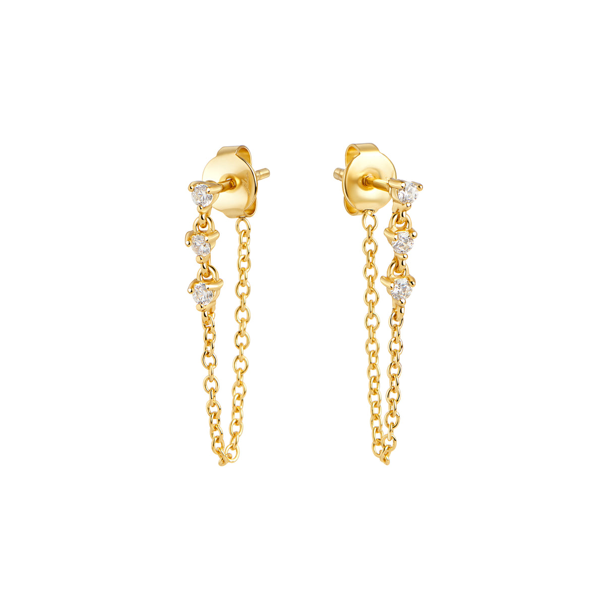 Gold surgical grade stainless steel 3 cz stones and chain pendant earrings no allergy MIAJWL