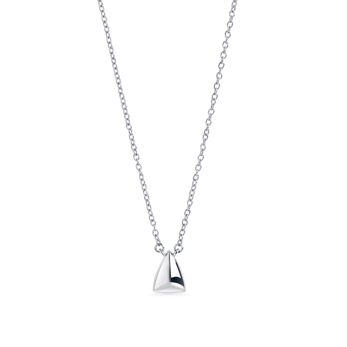 Silver stainless steel geometric pendant necklace with minimalist triangular charm, modern elegant jewelry, hypoallergenic non-tarnish durable everyday necklace, sleek contemporary jewelry design.
