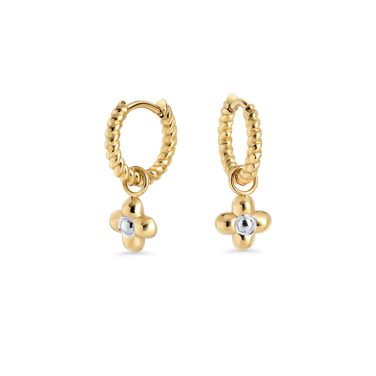 Twisted silver hoop earrings with gold flower charm in surgical stainless steel, hypoallergenic earrings for sensitive ears, lightweight, durable and tarnish resistant in Canada.