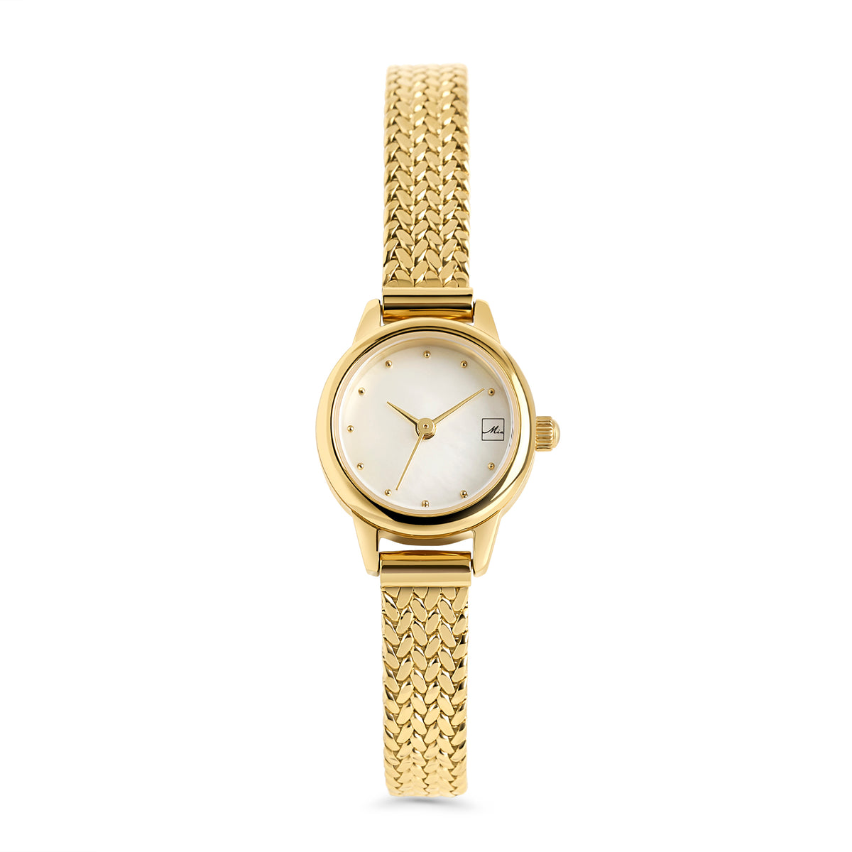 Gold stainless steel women's watch with minimalist white dial and textured gold bracelet strap, elegant modern timepiece, durable luxury fashion watch Canada.

