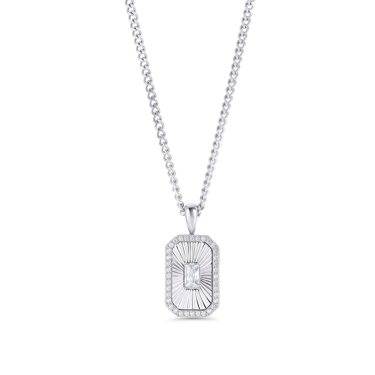 A silver chain necklace with a rectangular octagonal pendant featuring a fluted sunburst center, a baguette-cut clear stone and a pavé stone halo. Waterproof, stainless steel and allergy free. By MIAJWL.

Collier à chaîne argentée avec pendentif rectangulaire octogonal à motif rayonnant strié, serti d'une pierre transparente taille baguette et d'un halo de pierres pavées. Résistant à l'eau, en acier inoxydable et hypoallergénique. Par MIAJWL.