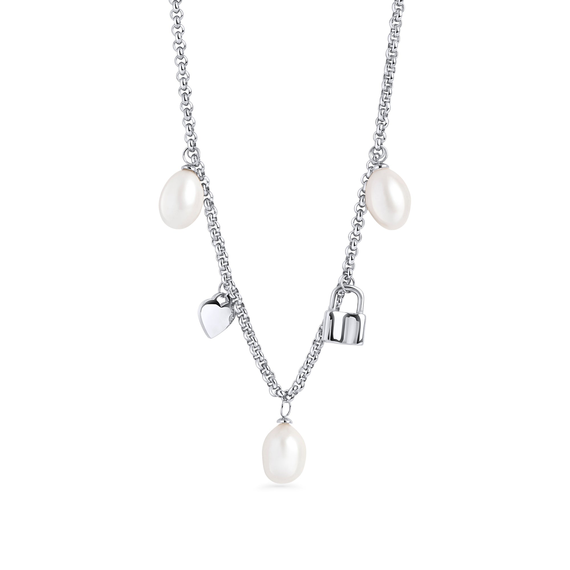 Silver stainless steel charm necklace with freshwater pearl drops, heart charm and lock pendant, trendy layered chain jewelry, hypoallergenic non-tarnish durable statement necklace.
