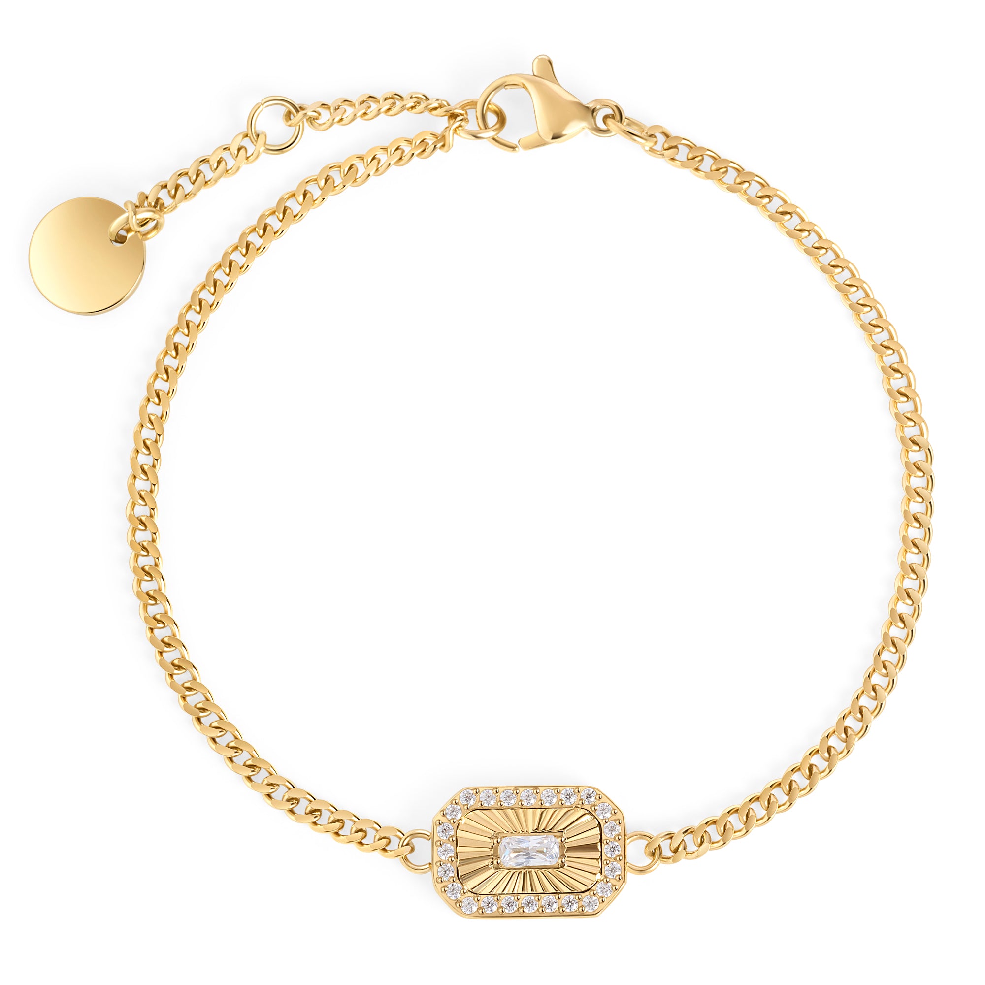 Gold chain bracelet with sunburst pendant and baguette zirconia. Nickel-free, waterproof & tarnish-resistant stainless steel bracelet for sensitive skin, minimalist luxury jewelry by Mia Bijoux Canada.

Bracelet doré à maillons avec pendentif rayonnant et zircon baguette. Bracelet en acier inoxydable sans nickel, imperméable et anti-ternissement pour peaux sensibles, bijouterie de luxe minimaliste par Mia Bijoux Canada.
