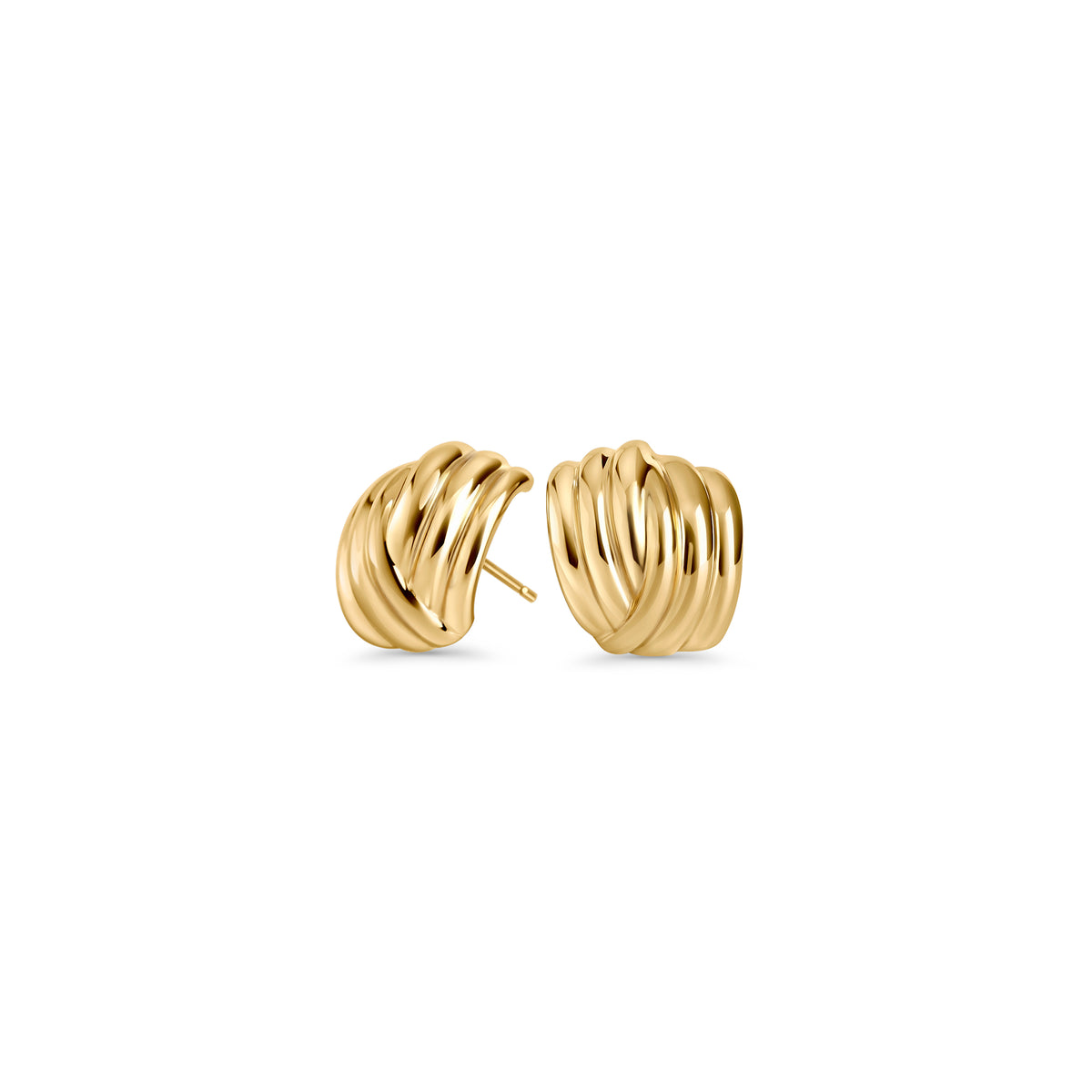 Gold stud earrings with a curved ribbed design on a white background. Nickel-free and waterproof jewelry by Mia Bijoux Canada.

Boucles d'oreilles dorées au design courbé à rainures sur fond blanc. Bijoux sans nickel et résistants à l'eau par Mia Bijoux Canada.