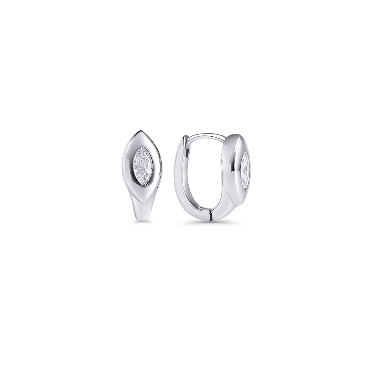 Silver huggie hoop earrings set with a marquise-cut clear stone on a white background. Waterproof & tarnish-resistant stainless steel earrings for sensitive skin, minimalist luxury jewelry by Mia Bijoux Canada.

Boucles d'oreilles anneaux argentées serties d'une pierre transparente taille marquise sur fond blanc. Boucles d'oreilles résistantes à l'eau et anti-ternissement pour peaux sensibles, bijouterie de luxe minimaliste par Mia Bijoux Canada.