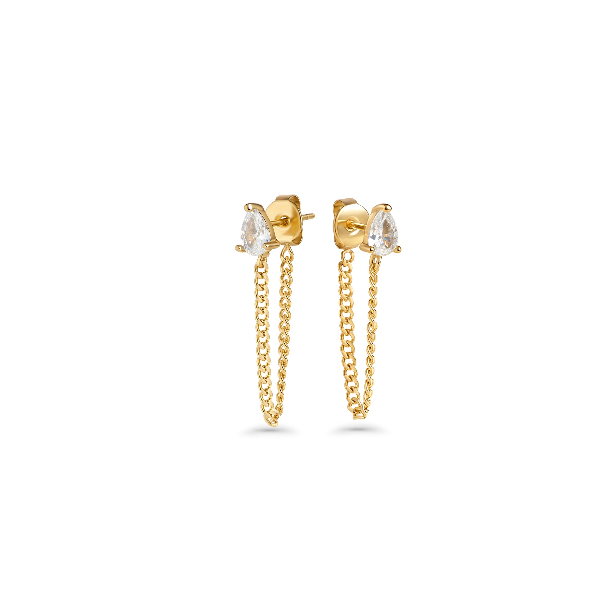 Gold stud earrings set with a pear-cut clear stone and a hanging chain on a white background. Nickel-free and waterproof jewelry by Mia Bijoux Canada.

Boucles d'oreilles dorées serties d'une pierre transparente taille poire avec chaînette suspendue sur fond blanc. Bijoux sans nickel et résistants à l'eau par Mia Bijoux Canada.