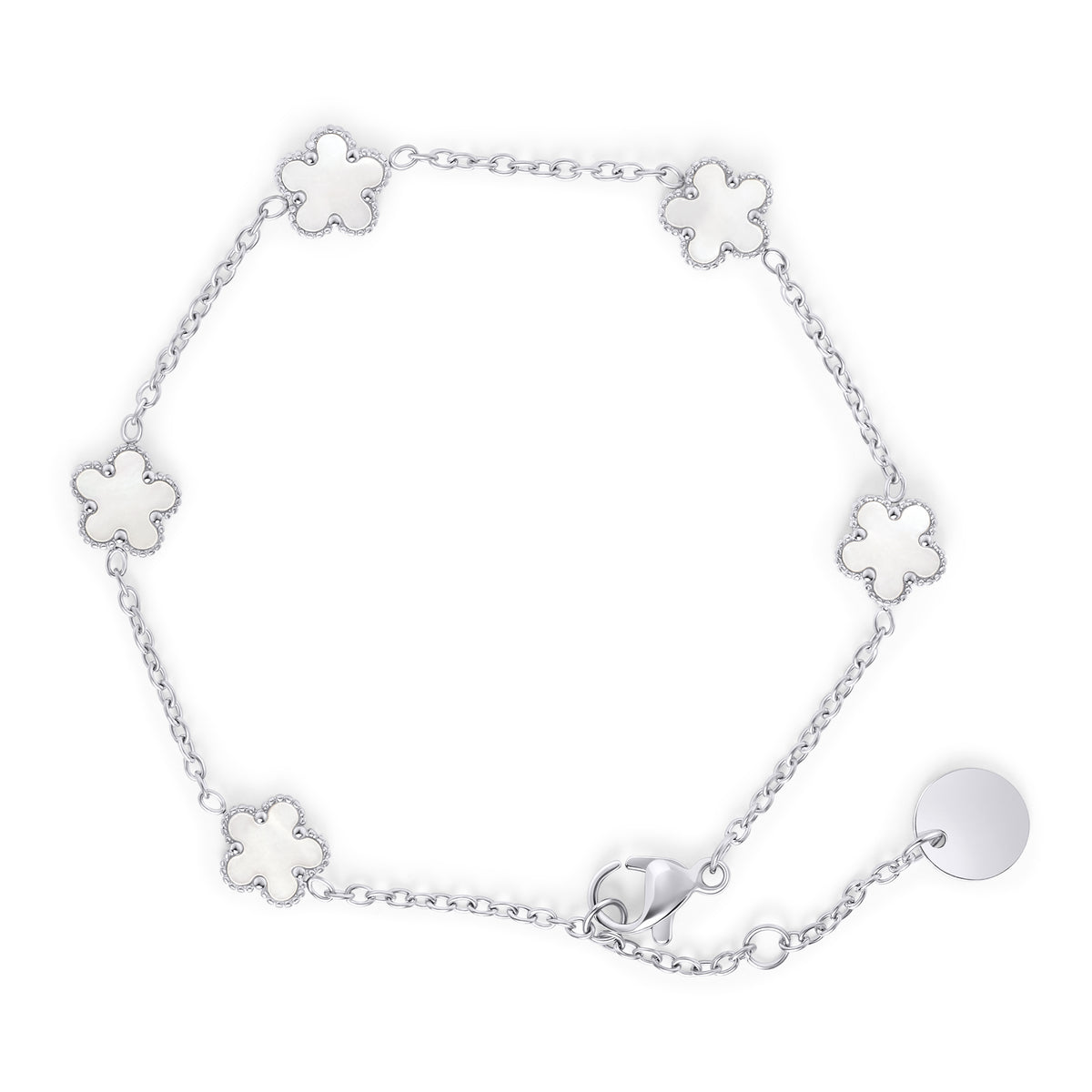 Silver clover bracelet with mother of pearl charms – nickel-free, waterproof & tarnish-resistant stainless steel bracelet for women, top-rated affordable luxury jewelry by Mia Bijoux Canada