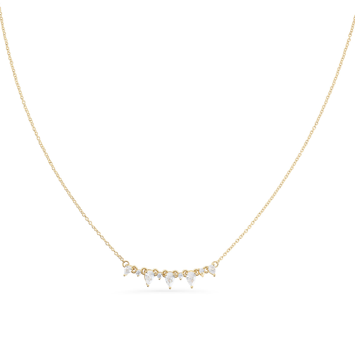 Silver stainless steel necklace with marquise and round cubic zirconia stones, delicate bar pendant design with sparkling minimalist cluster.