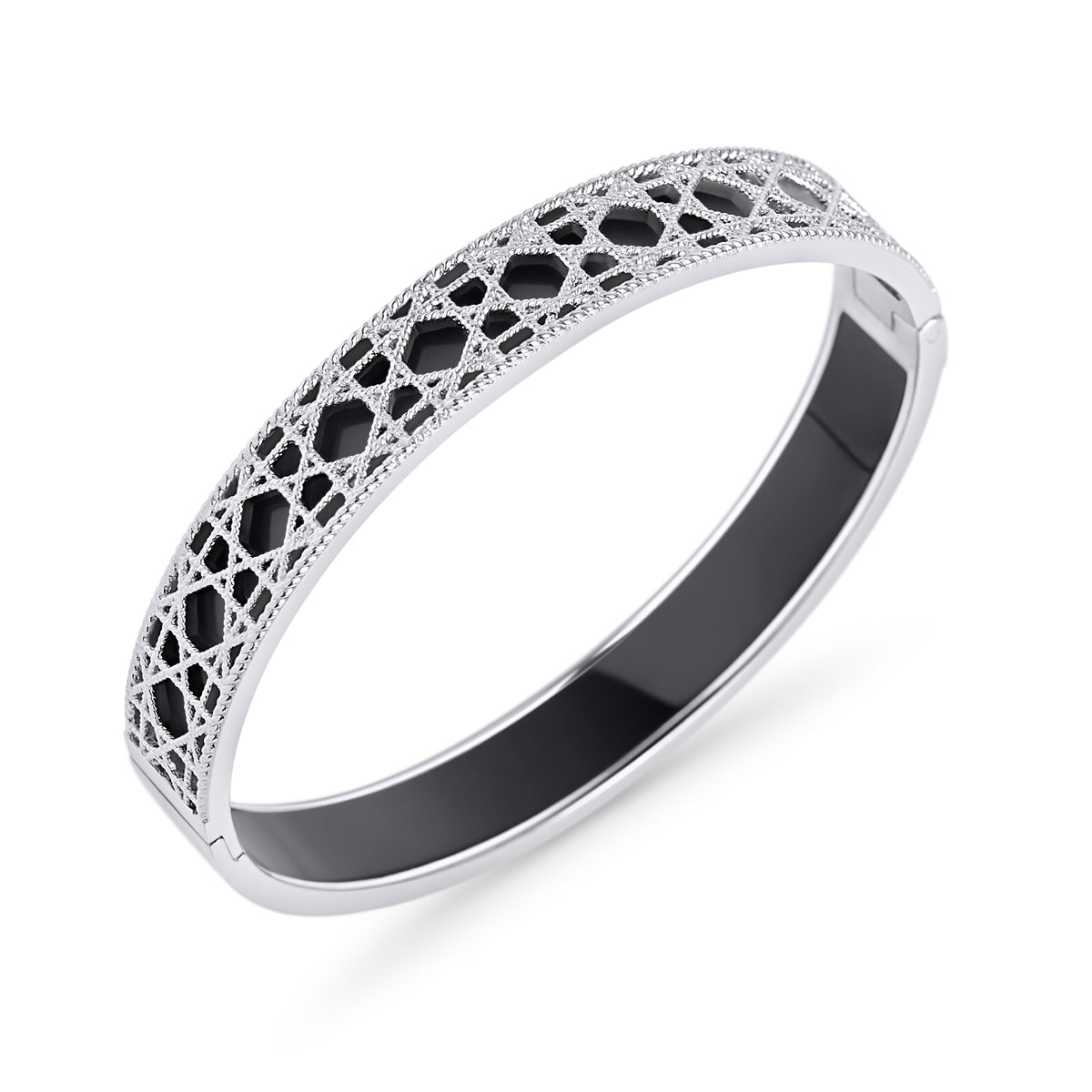 Silver and black filigree lattice bangle bracelet – nickel-free, waterproof & tarnish-resistant stainless steel bangle for women, top-rated statement jewelry by Mia Bijoux Canada