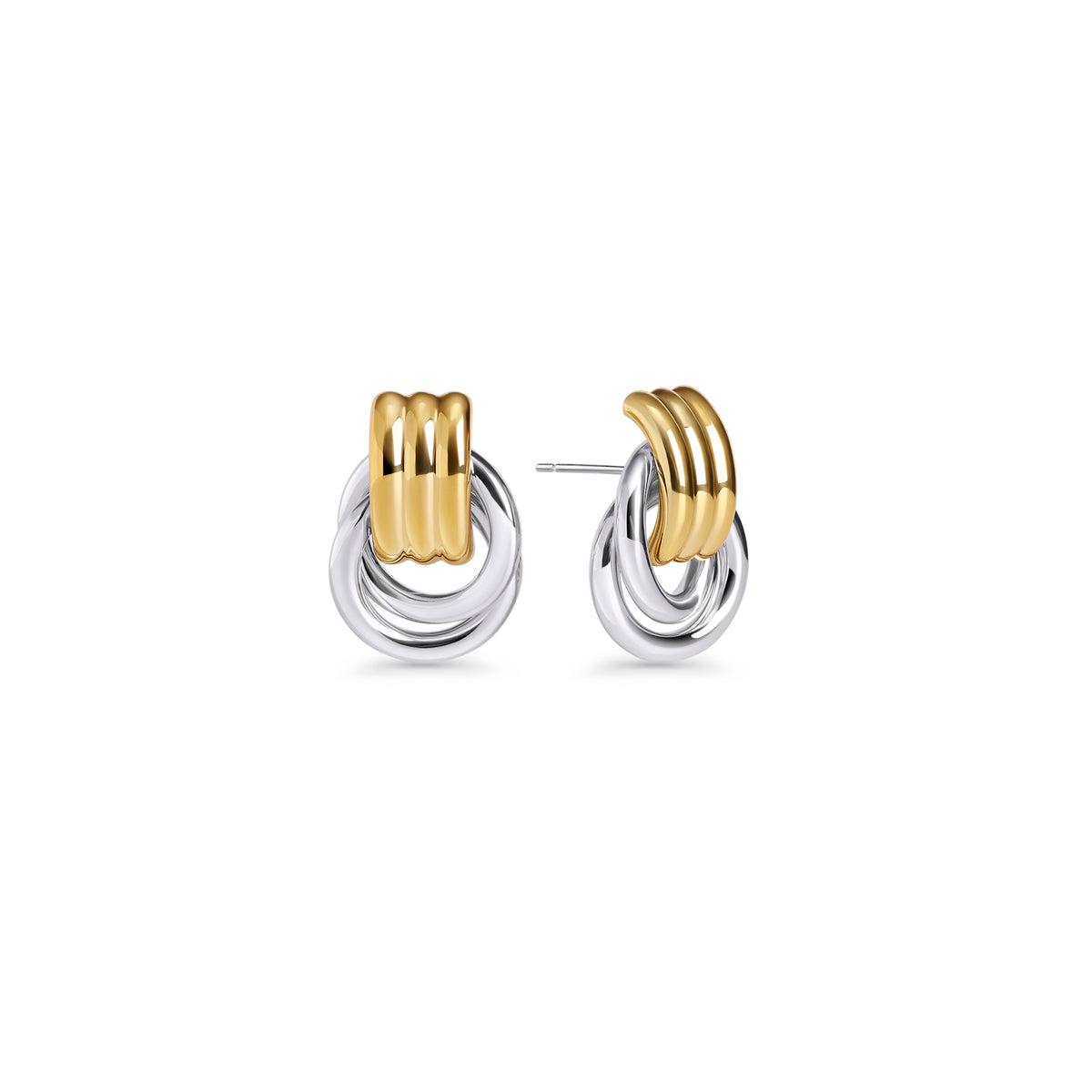 Two-tone stud earrings with a grooved top and interlocking rings on a white background. Nickel-free and waterproof jewelry by Mia Bijoux Canada.

Boucles d'oreilles deux tons à dessus rainuré et anneaux entrelacés sur fond blanc. Bijoux sans nickel et résistants à l'eau par Mia Bijoux Canada.