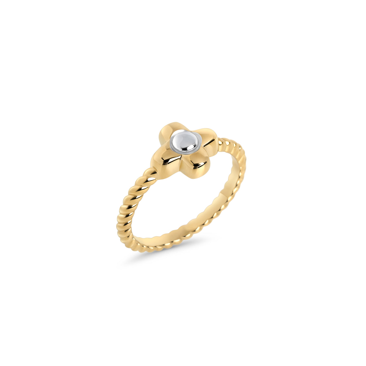 Gold twisted flower ring in surgical stainless steel, hypoallergenic jewelry for sensitive skin, affordable and tarnish free.