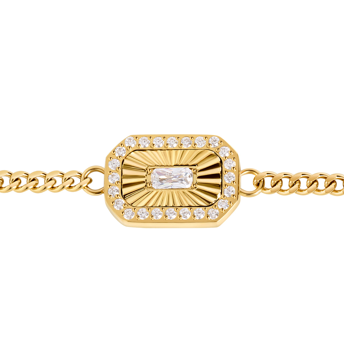 A gold-toned chain bracelet featuring a rectangular sunburst charm with a central clear baguette gemstone, surrounded by a border of small round clear stones, shown on a plain white background. Jewelry by Mia Bijoux Canada.

Un bracelet à maillons doré orné d'un pendentif rectangulaire à motif rayonnant, serti d'une pierre transparente taille baguette au centre, entourée d'une bordure de petites pierres rondes transparentes, présenté sur fond blanc uni. Bijoux par Mia Bijoux Canada.