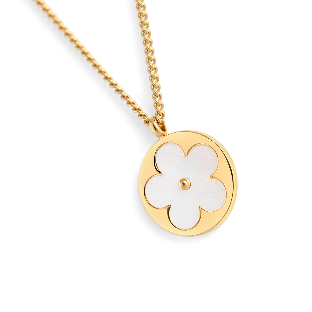 A gold chain necklace with a circular pendant featuring a white mother-of-pearl petal flower design, shown on a clean white background. Waterproof, stainless steel and allergy free. By Mia Bijoux Canada.

Collier à chaîne dorée avec pendentif circulaire orné d'une fleur blanche nacrée à pétales, présenté sur fond blanc épuré. Résistant à l'eau, en acier inoxydable et hypoallergénique. Par Mia Bijoux Canada.