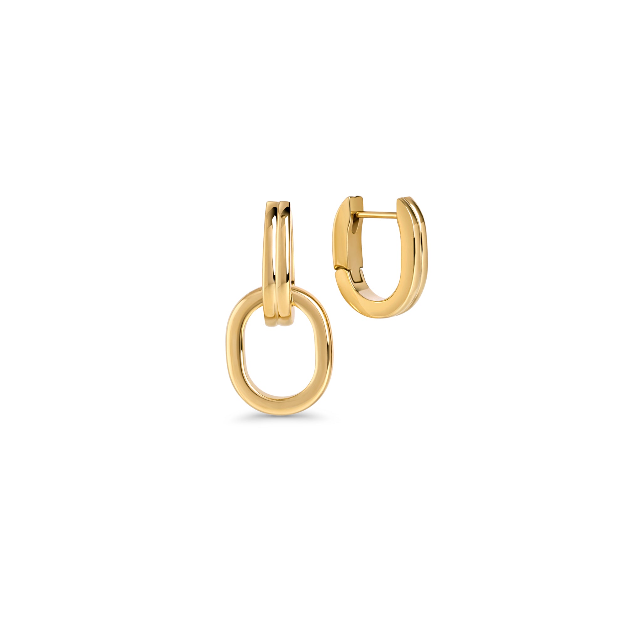Gold drop earrings with two interlocking oval links on a white background. Nickel-free and waterproof jewelry by Mia Bijoux Canada. 2-in-1.

Boucles d'oreilles pendantes dorées à deux maillons ovales entrelacés sur fond blanc. Bijoux sans nickel et résistants à l'eau par Mia Bijoux Canada. 2 en 1.