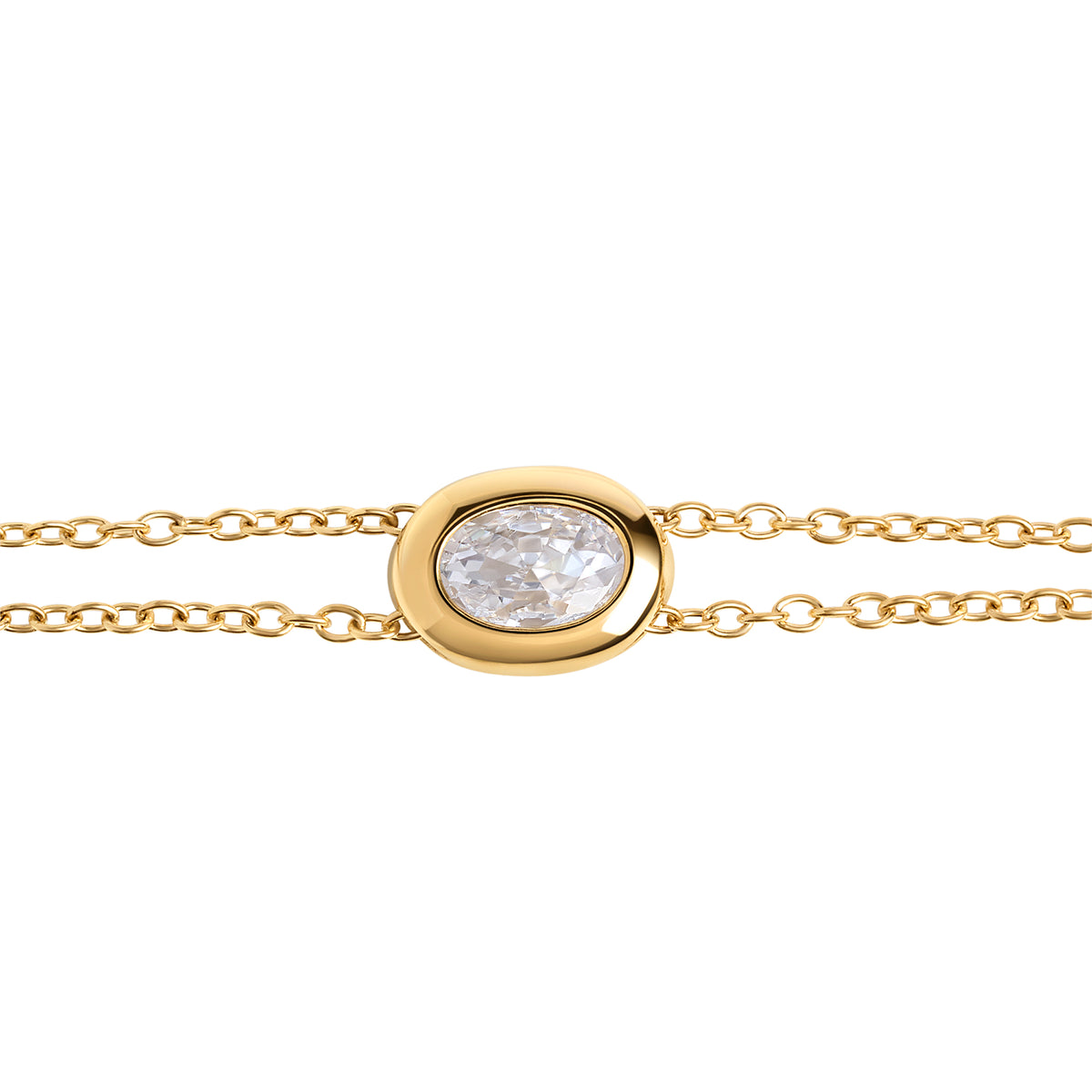 Close-up of a double gold chain bracelet with an oval clear stone centerpiece, shown on a clean white background. Waterproof, stainless steel and allergy free. By Mia Bijoux Canada.

Gros plan d'un bracelet à double chaîne dorée orné d'une pierre transparente ovale en son centre, présenté sur fond blanc épuré. Résistant à l'eau, en acier inoxydable et hypoallergénique. Par Mia Bijoux Canada.
