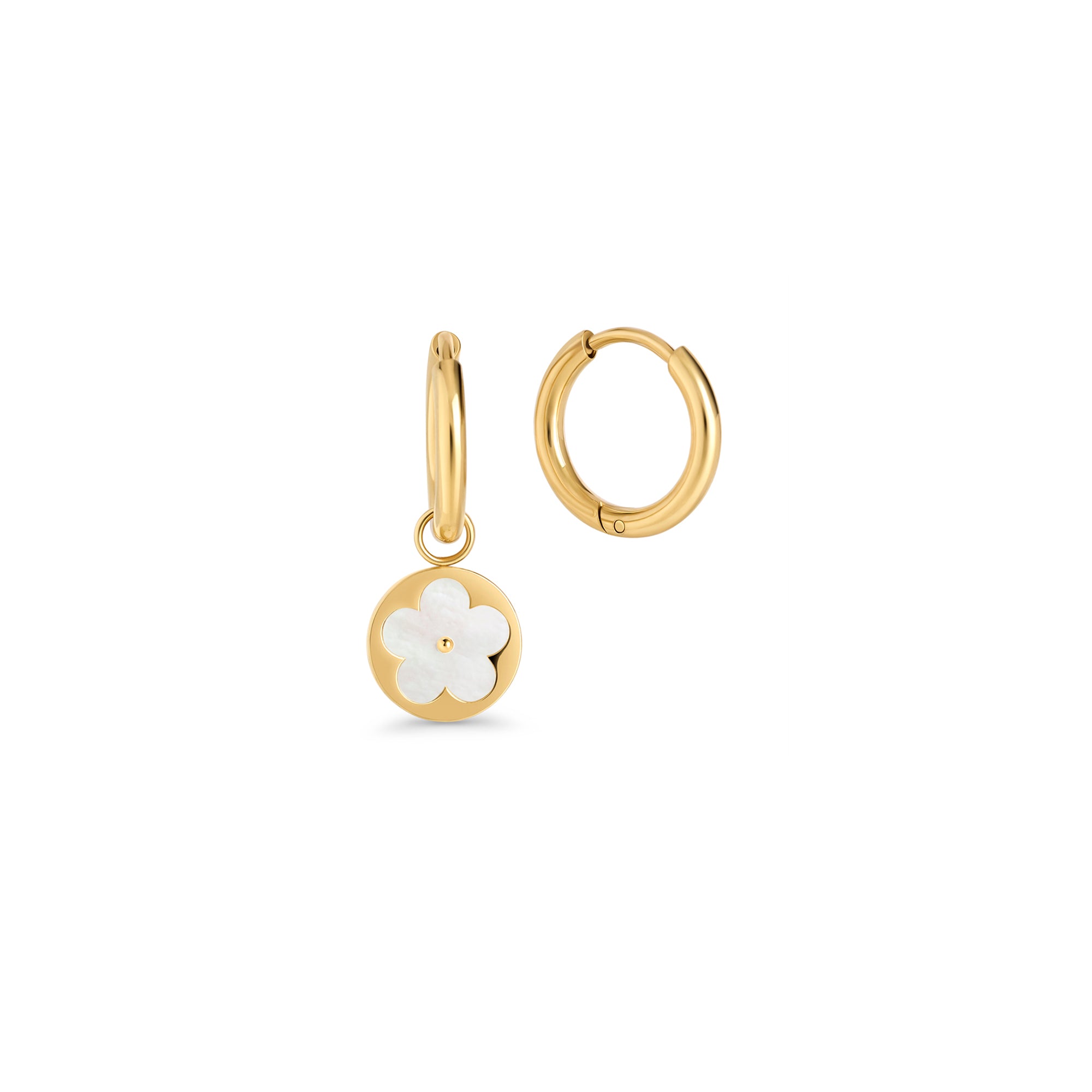 Gold hoop earrings with a round pendant featuring a mother-of-pearl flower on a white background. A 2 in 1. Nickel-free and waterproof jewelry by Mia Bijoux Canada.

Boucles d'oreilles anneaux dorées avec pendentif rond orné d'une fleur en nacre sur fond blanc. Un 2 en 1. Bijoux sans nickel et résistants à l'eau par Mia Bijoux Canada.