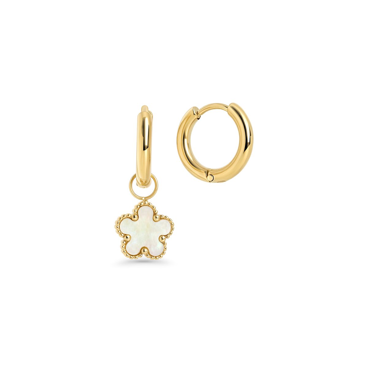 Gold stainless steel hoop earrings with white flower drop charms, hypoallergenic and tarnish-resistant, safe for sensitive skin. Lightweight everyday earrings, water-friendly and durable.