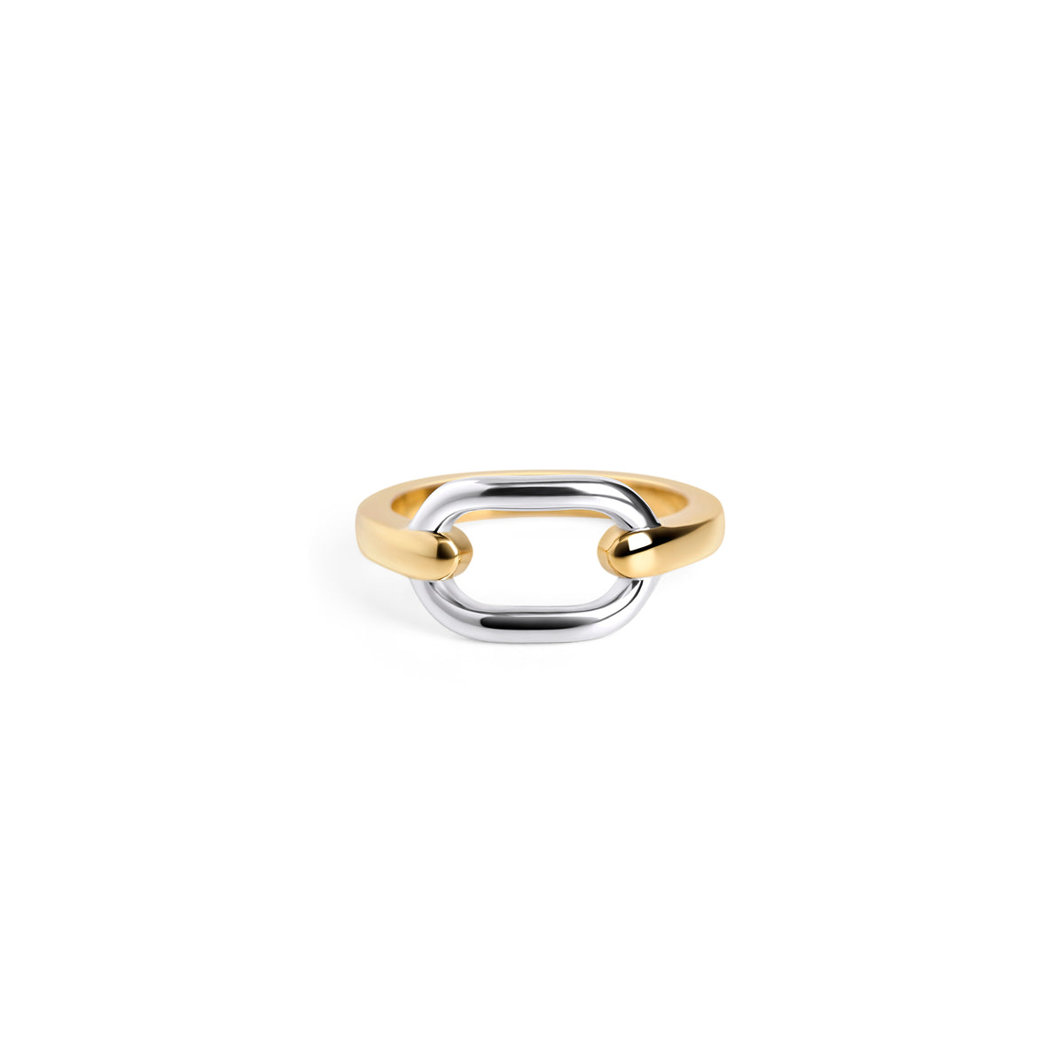 Front view of a polished two-tone ring with an open interlocking link design on a white background. Nickel-free, waterproof & tarnish-resistant stainless steel ring for sensitive skin, minimalist luxury jewelry by Mia Bijoux Canada.

Vue de face d'une bague deux tons polie au design de maillons entrelacés ouverts sur fond blanc. Bague en acier inoxydable sans nickel, résistante à l'eau et anti-ternissement pour peaux sensibles, bijouterie de luxe minimaliste par Mia Bijoux Canada.