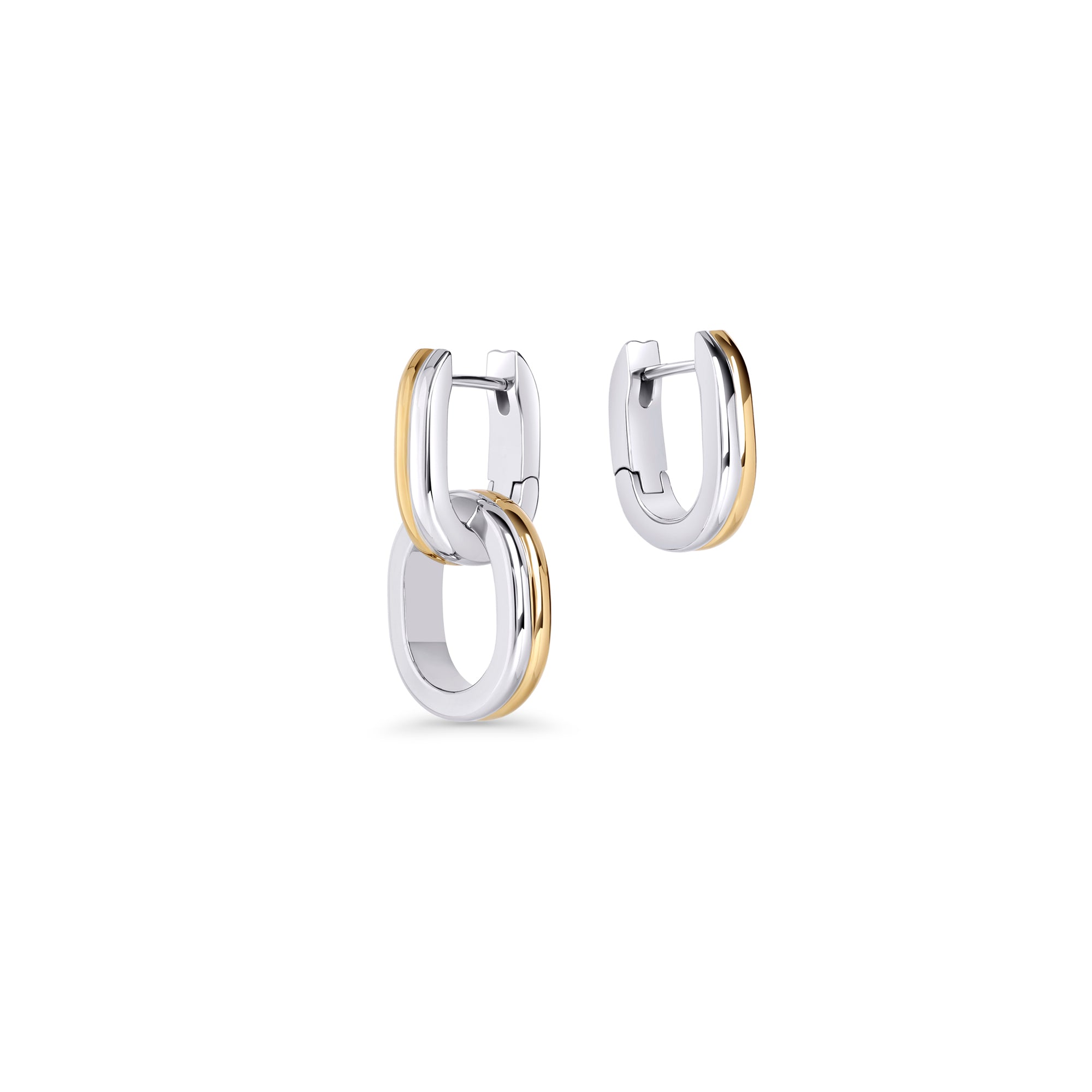 Two-tone drop earrings with two interlocking oval links on a white background. Nickel-free and waterproof jewelry by Mia Bijoux Canada. 2-in-1.

Boucles d'oreilles pendantes deux tons à deux maillons ovales entrelacés sur fond blanc. Bijoux sans nickel et résistants à l'eau par Mia Bijoux Canada. 2 en 1.