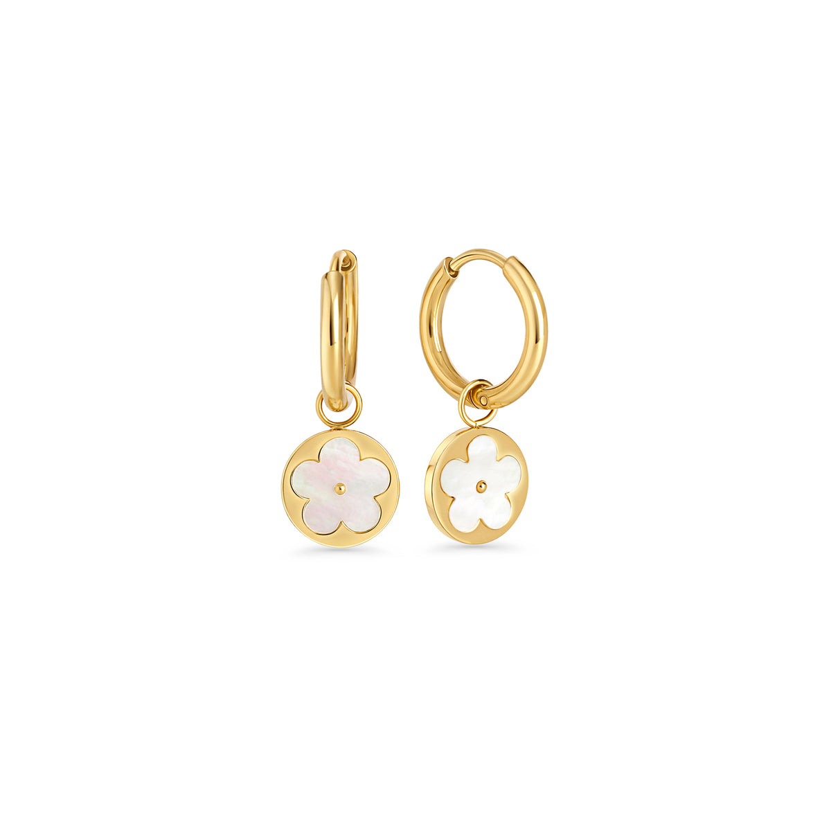 Gold hoop earrings with a round pendant featuring a mother-of-pearl flower on a white background. Nickel-free, waterproof & tarnish-resistant stainless steel earrings for sensitive skin, minimalist luxury jewelry by Mia Bijoux Canada.

Boucles d'oreilles anneaux dorées avec pendentif rond orné d'une fleur en nacre sur fond blanc. Boucles d'oreilles en acier inoxydable sans nickel, résistantes à l'eau et anti-ternissement pour peaux sensibles, bijouterie de luxe minimaliste par Mia Bijoux Canada.